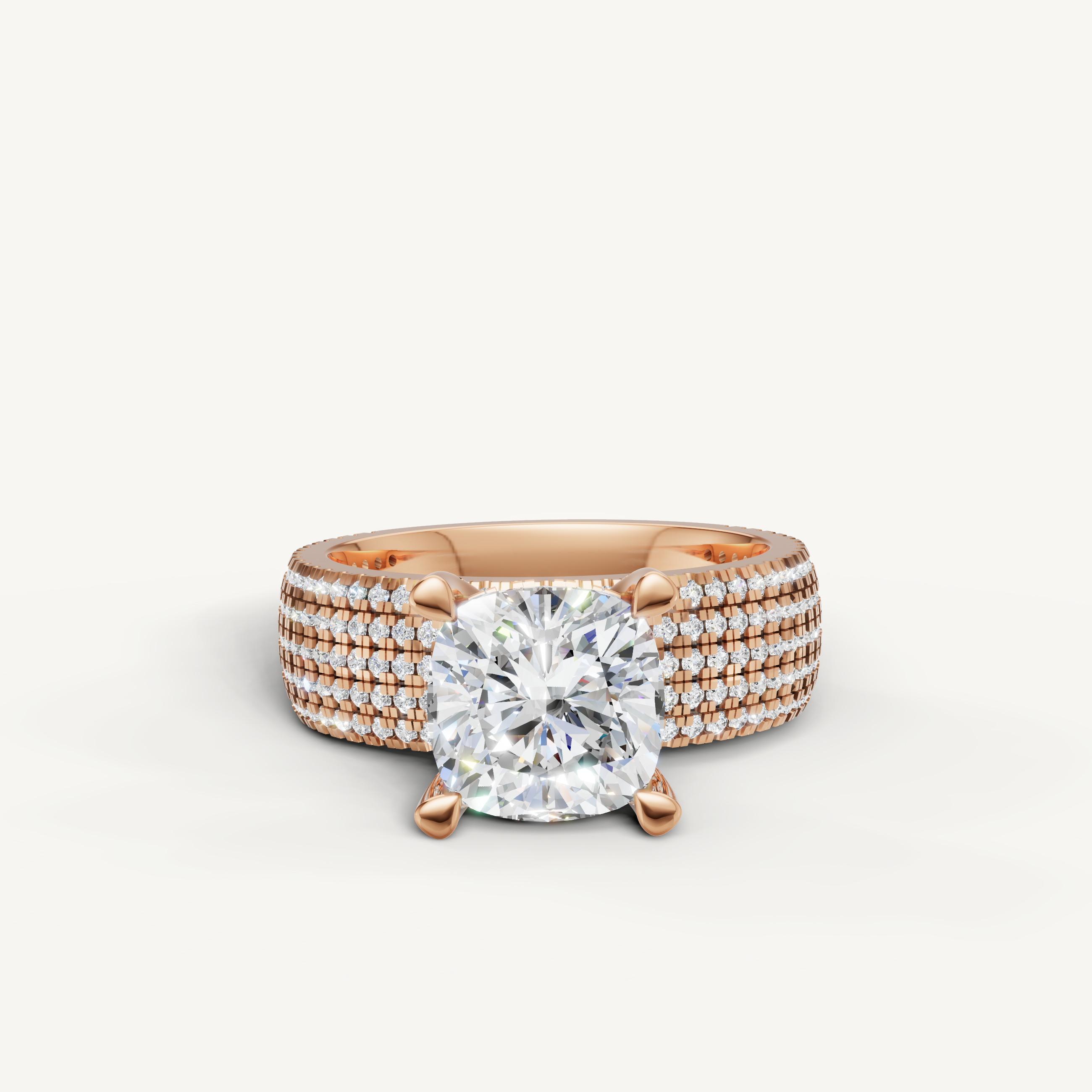 Cushion Lab Grown Diamond Engagement Ring with Triple Pavé Band in 14K Rose Gold – Raul Diamonds
