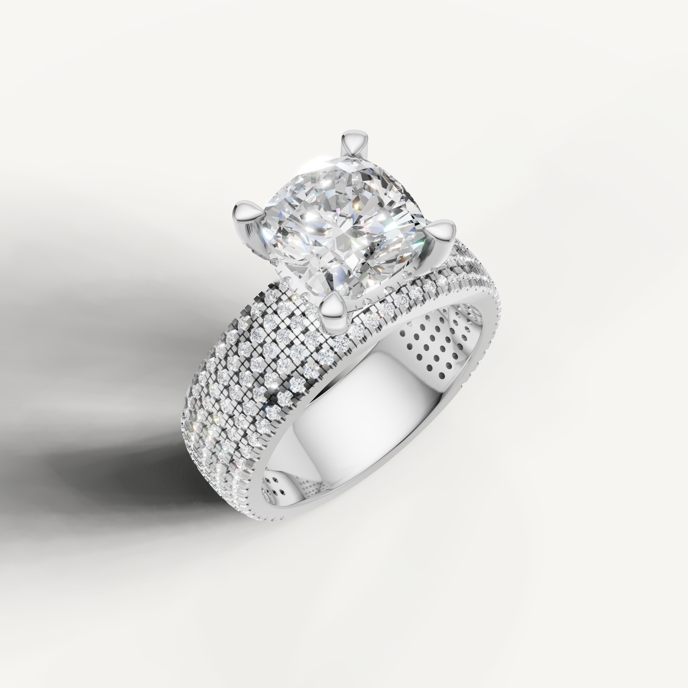White Gold Cushion Cut Lab Diamond Ring with Multi Row Pavé Band – Raul Diamonds