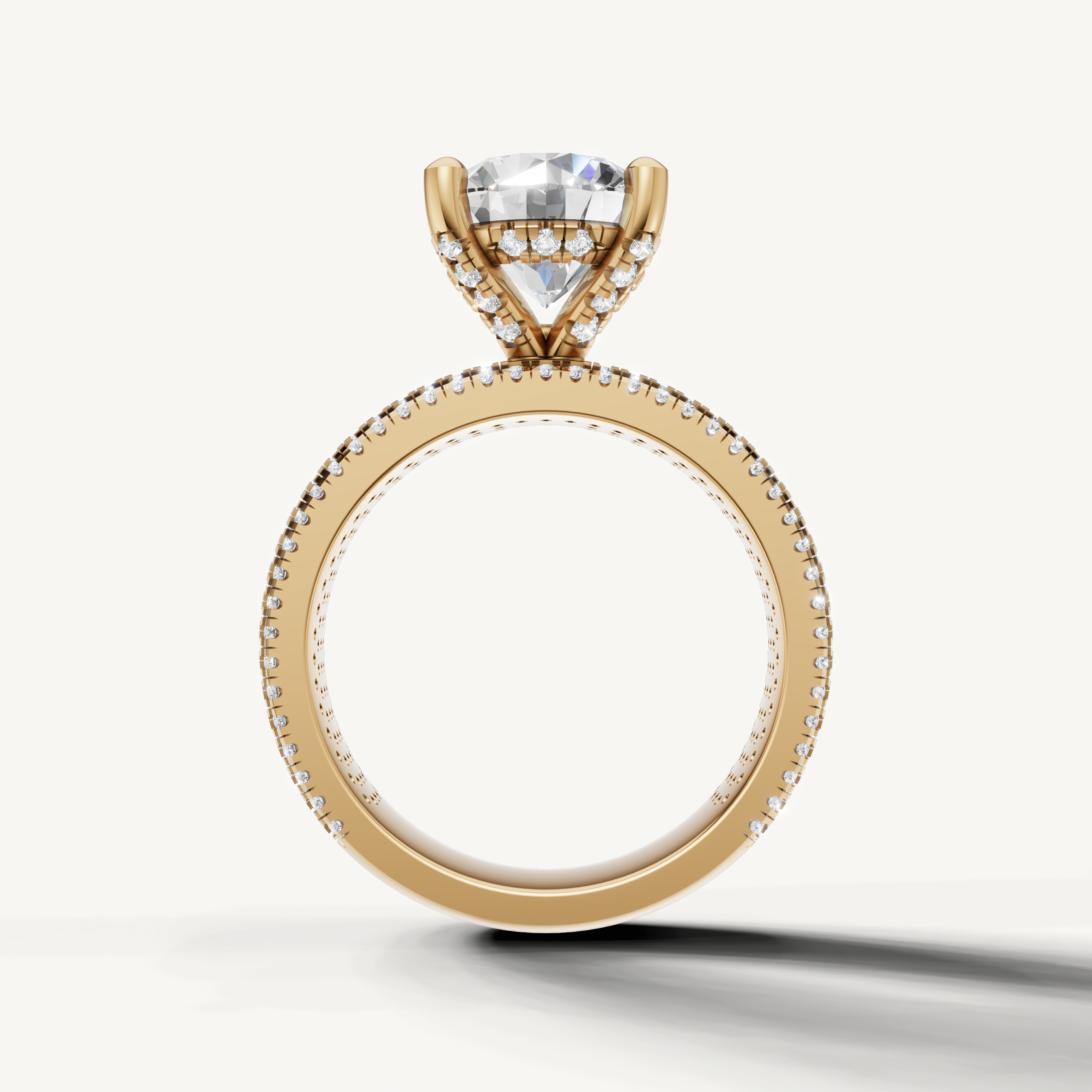 Round Brilliant Diamond Engagement Ring with Triple Row Pavé in Yellow Gold – Raul Diamonds