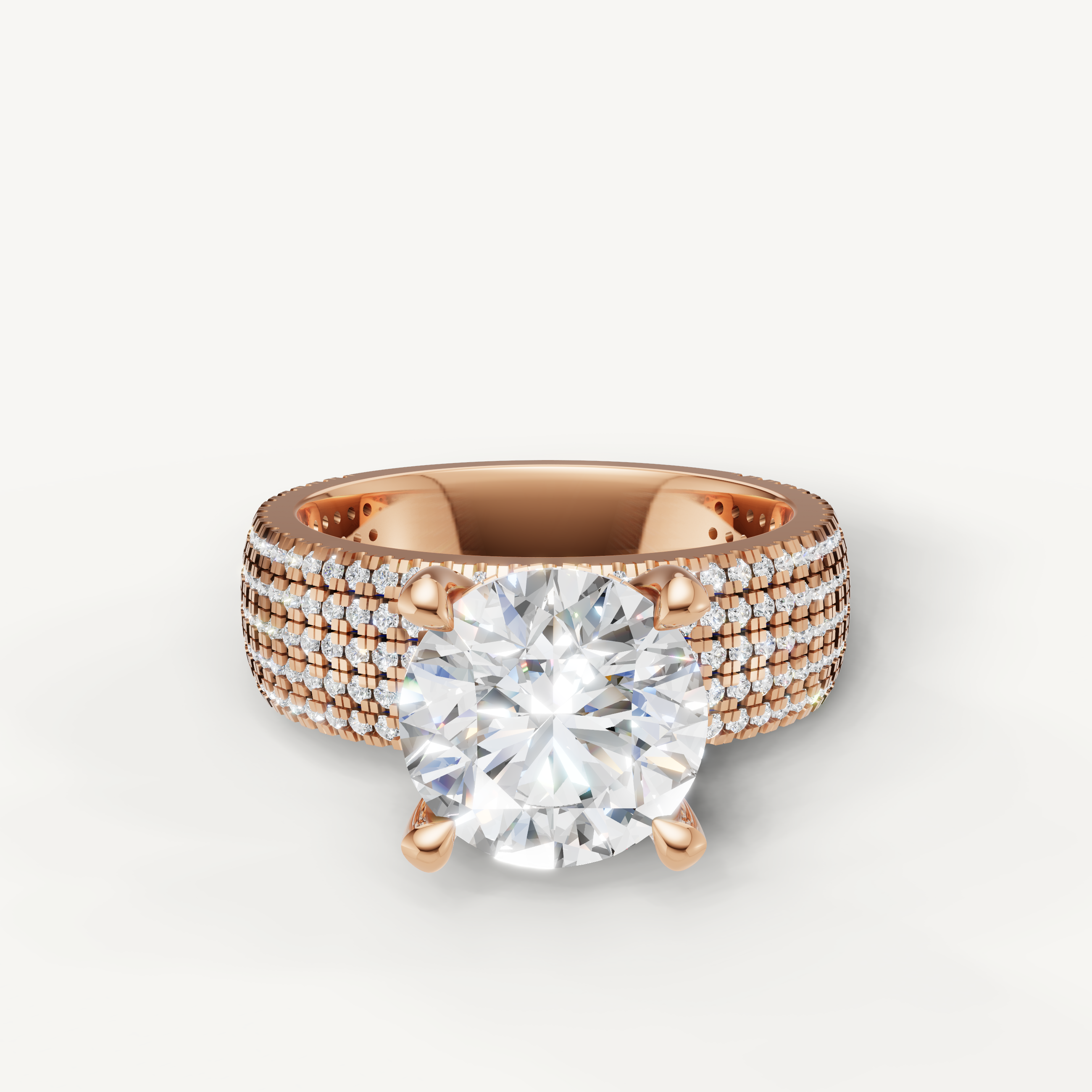 Round Lab Grown Diamond Engagement Ring with Triple Pavé Band in 14K Rose Gold – Raul Diamonds