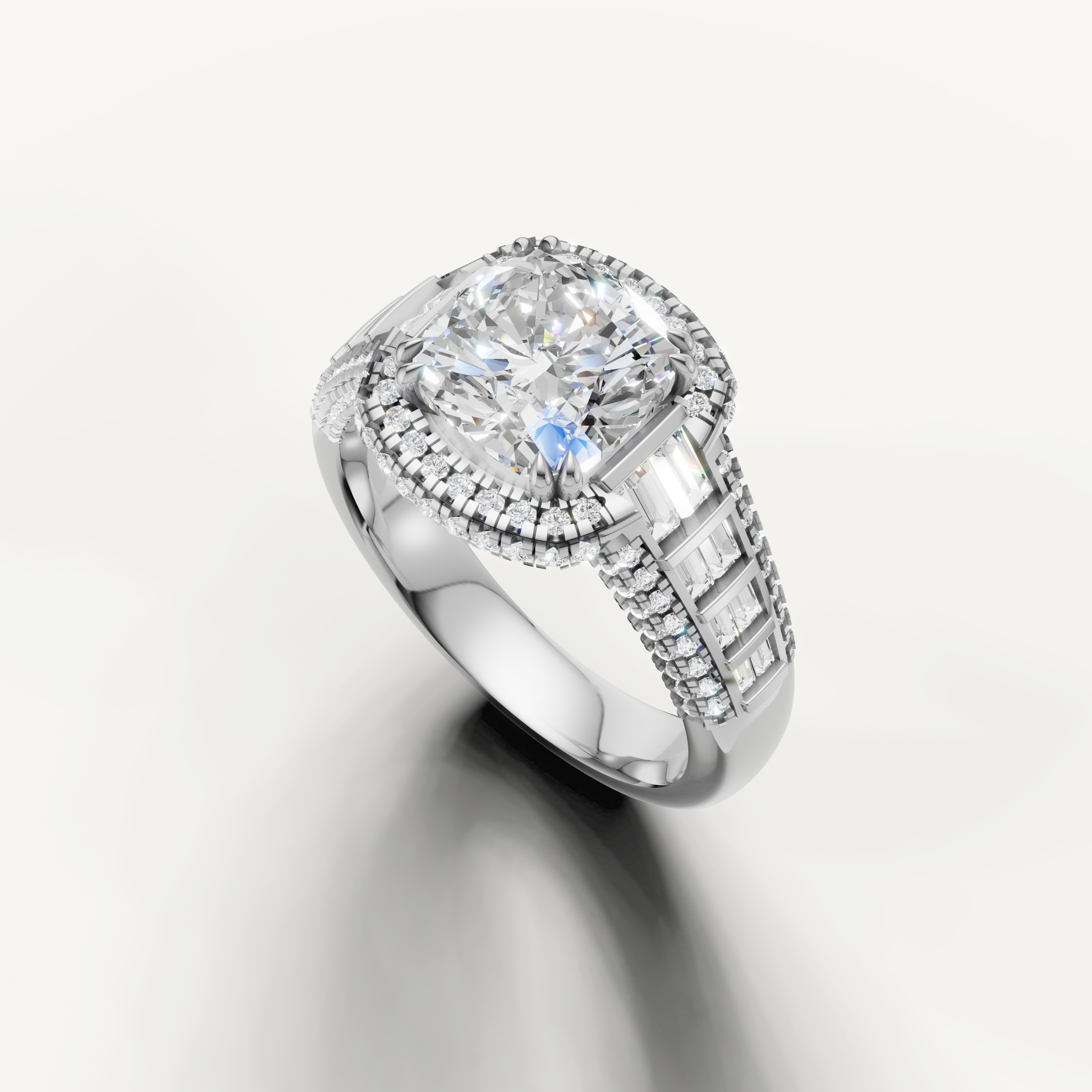 14K White Gold Asscher Halo Diamond Ring with Pavé Band – Raul Diamonds