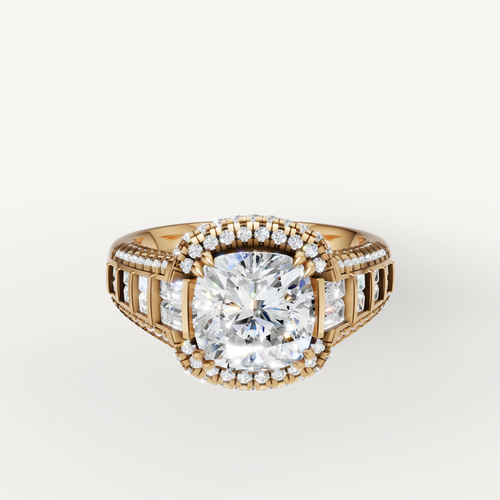 Raul Diamonds yellow gold cushion cut halo engagement ring with baguette diamond accents