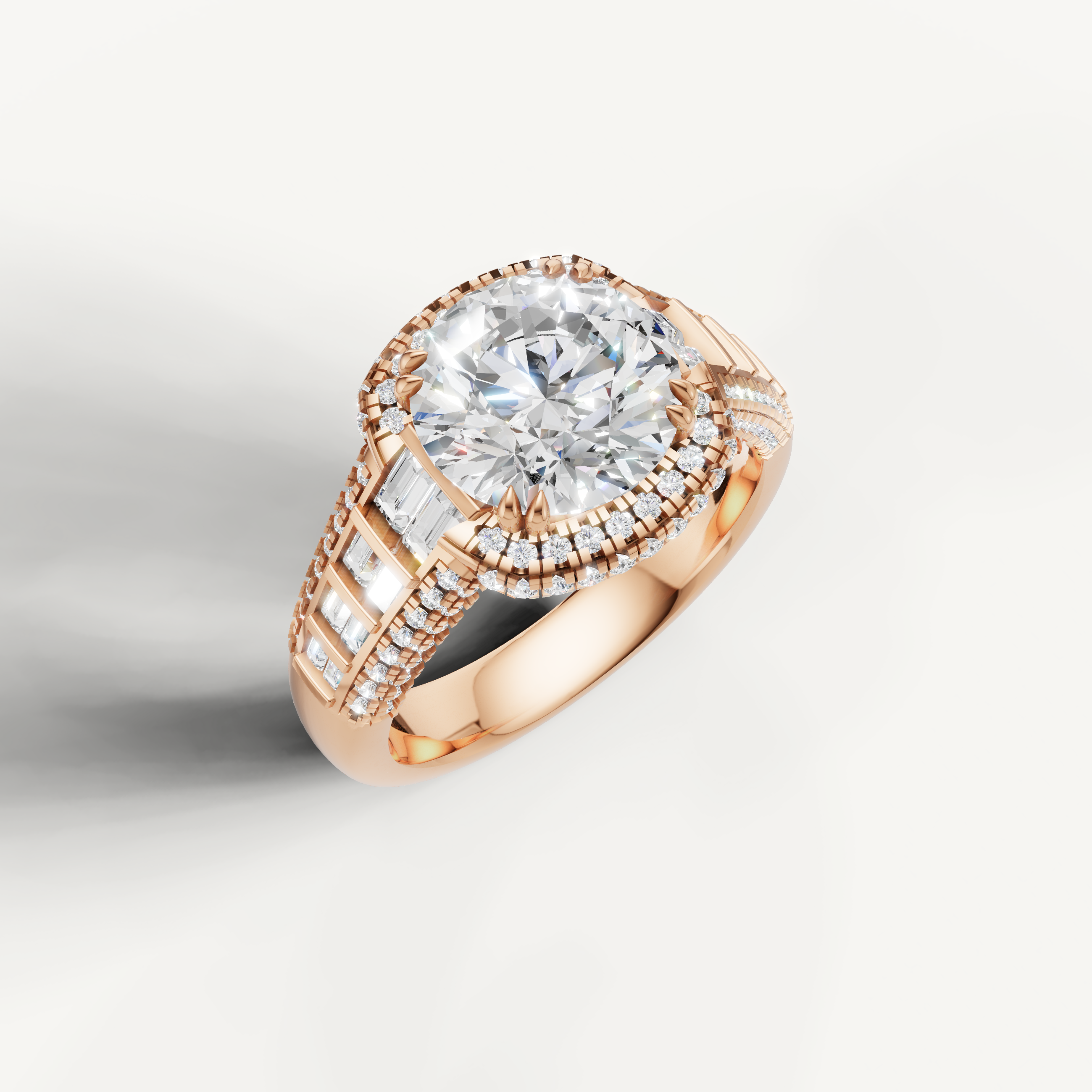 Rose Gold Round Diamond Engagement Ring with Baguette Side Stones – Raul Diamonds