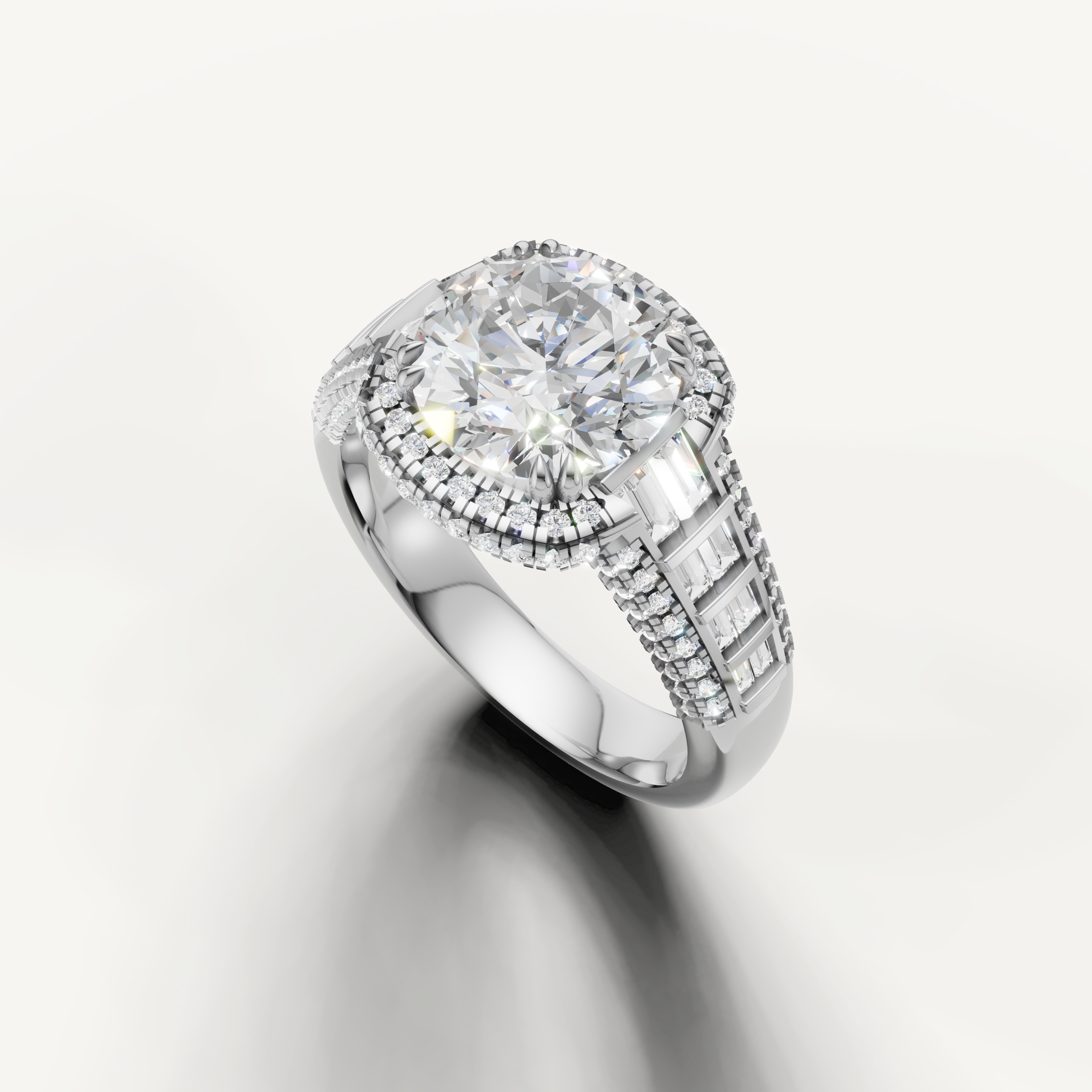 14K White Gold Round Halo Diamond Ring with Pavé Band – Raul Diamonds