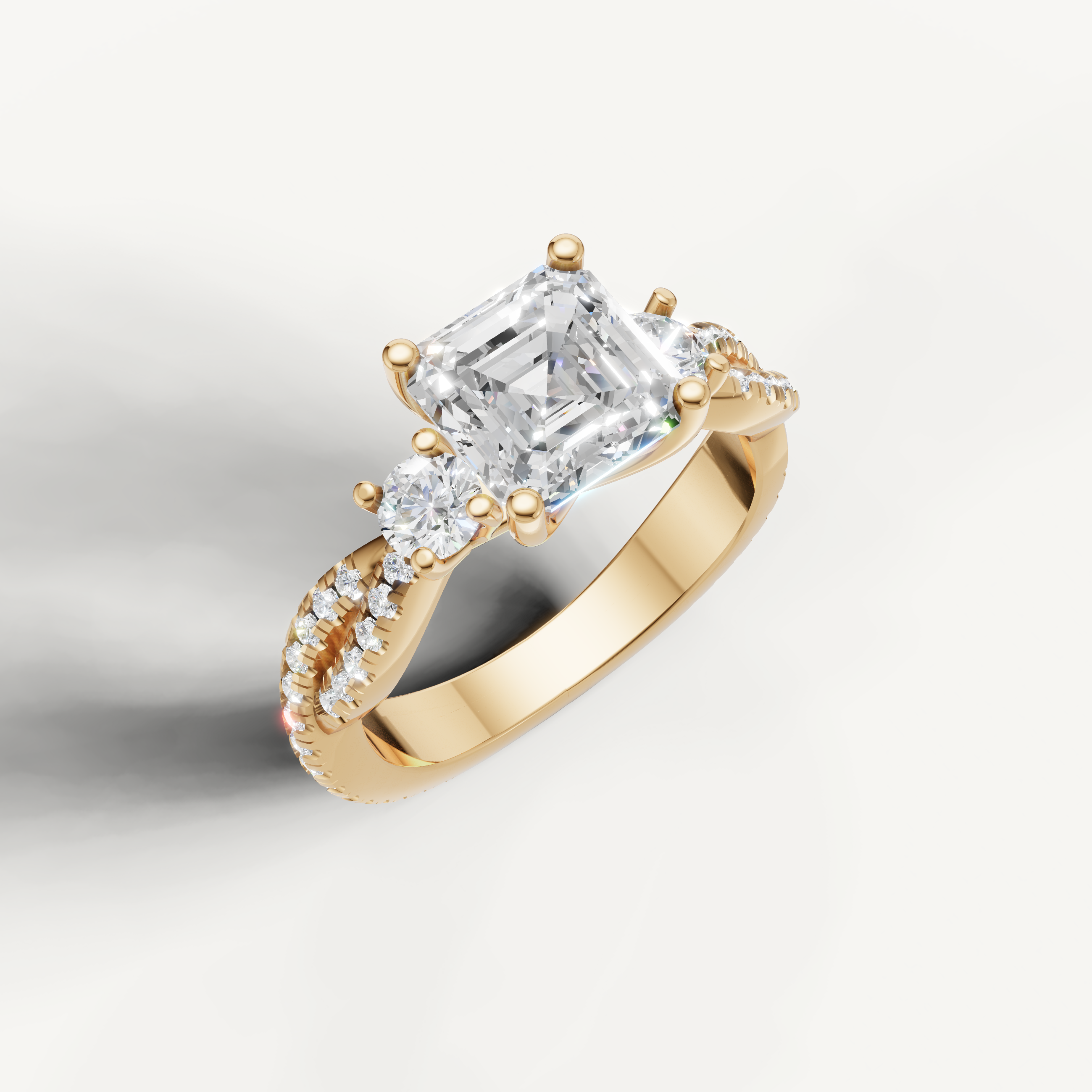14K Yellow Gold Asscher Lab Diamond Ring with Round Side Stones – Raul Diamonds