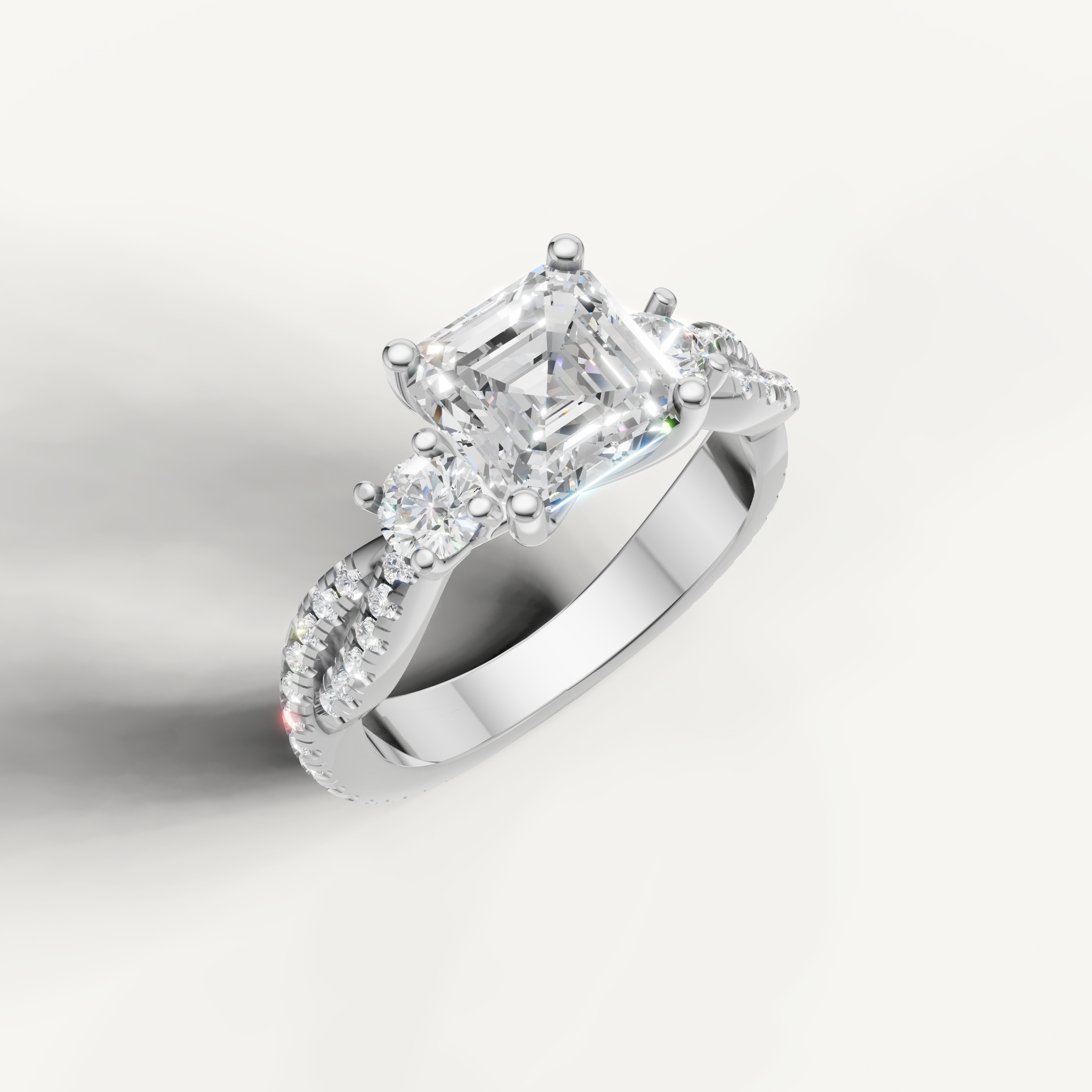White Gold Asscher Lab Diamond Ring with Round Side Diamonds – Raul Diamonds