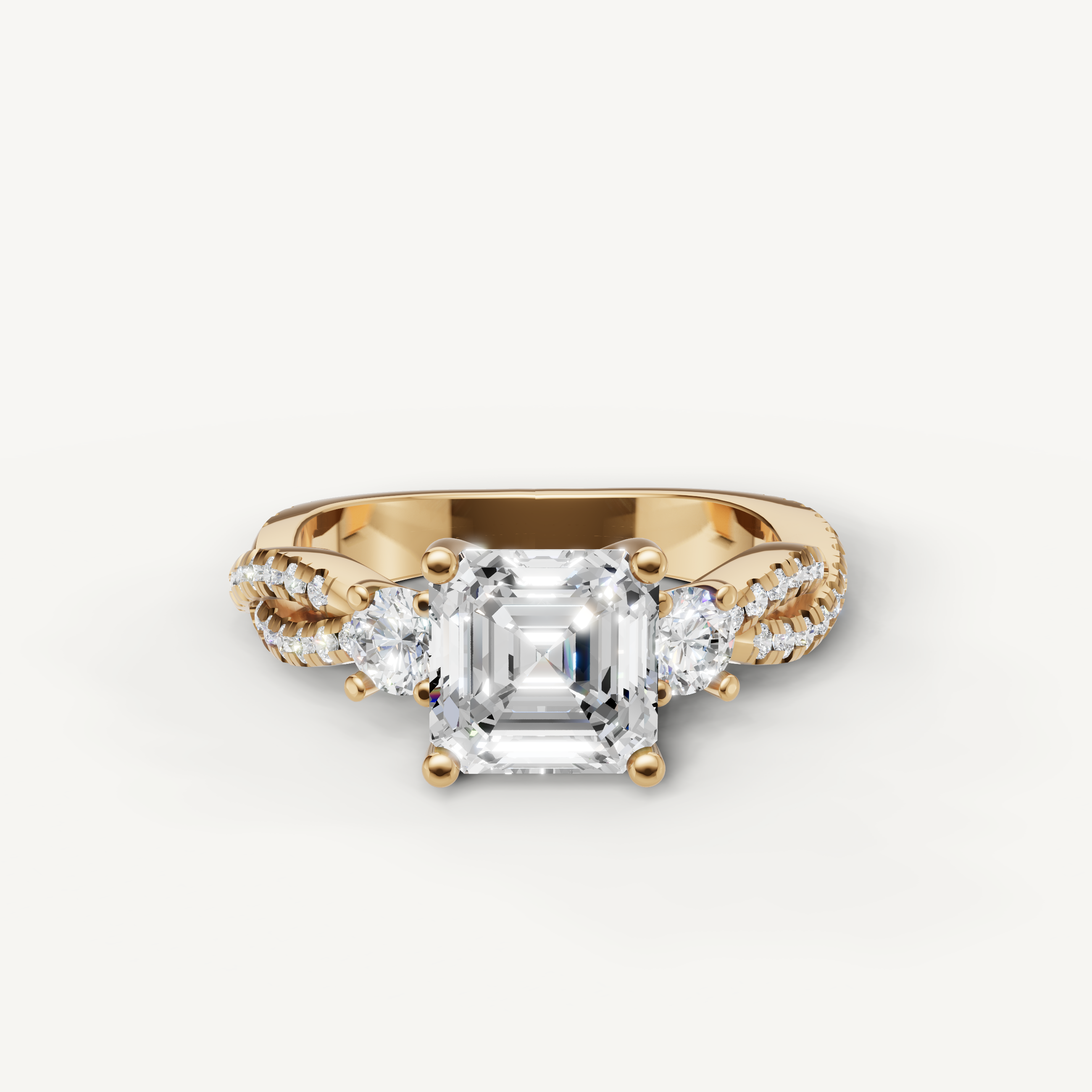 Asscher Cut Three Stone Lab Grown Diamond Engagement Ring in 14K Yellow Gold – Raul Diamonds