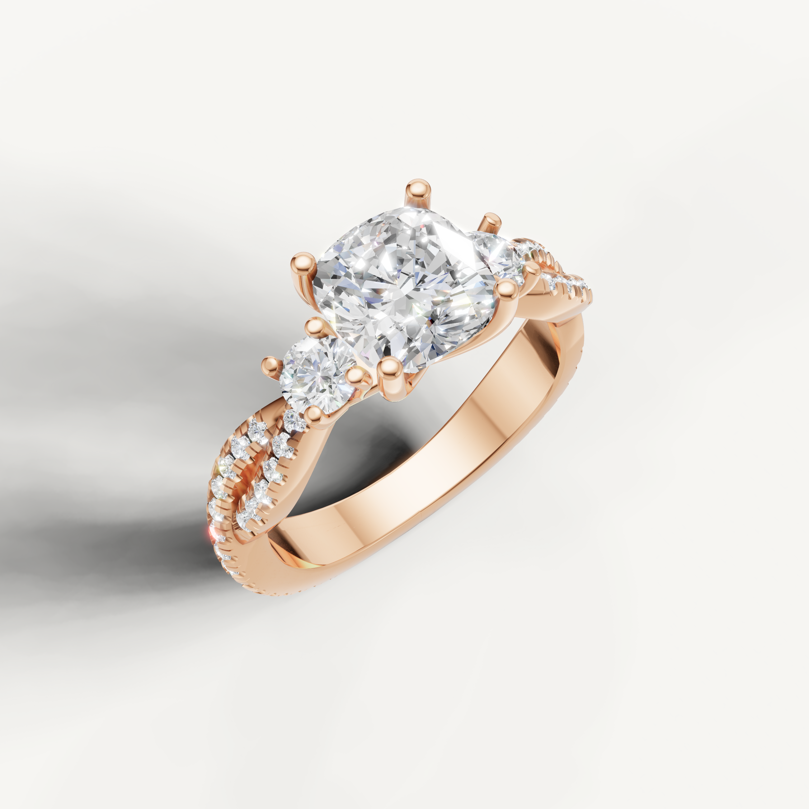 Rose Gold Cushion Diamond Engagement Ring with Round Side Stones – Raul Diamonds
