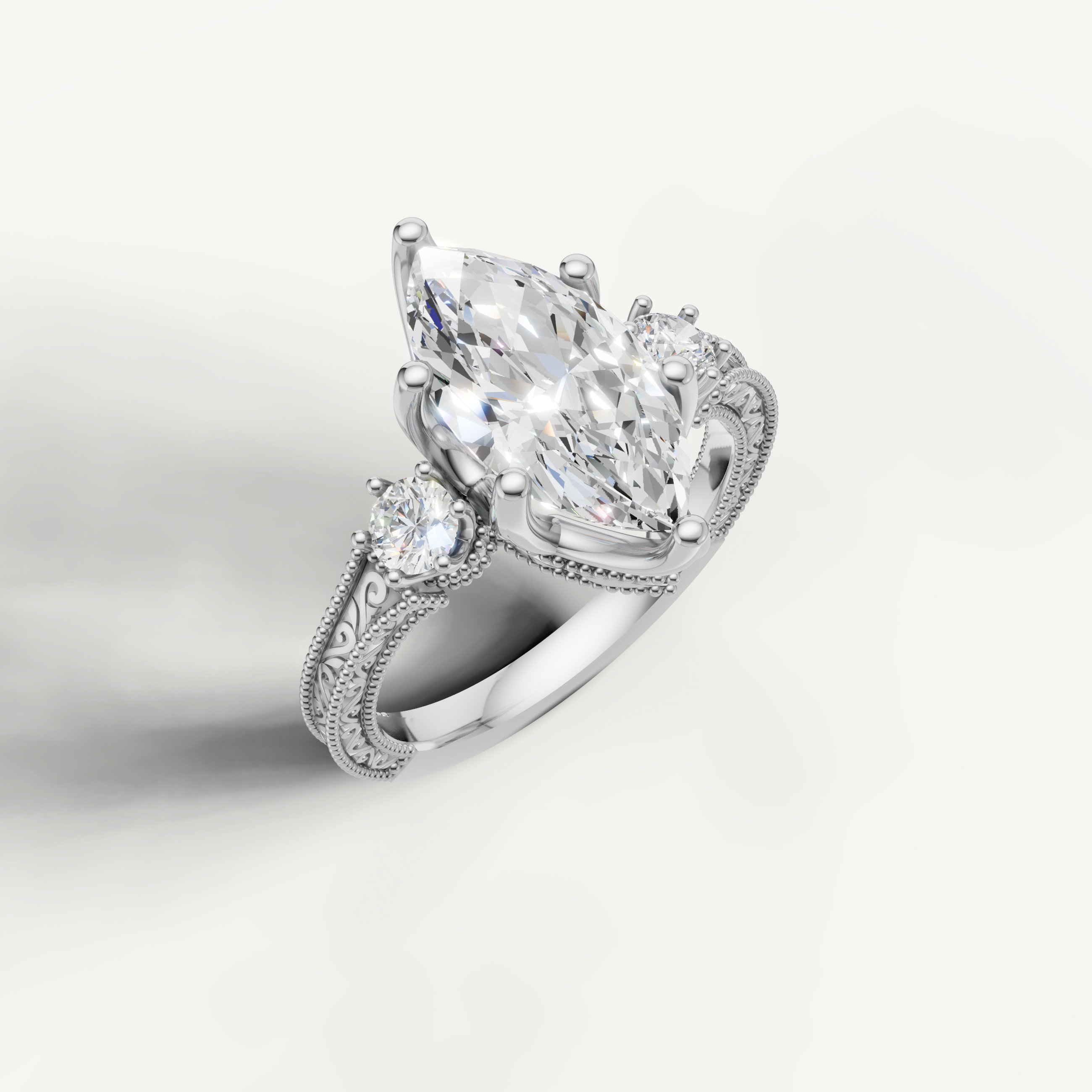 White Gold Marquise Diamond Engagement Ring with Floral Engraved Shank – Raul Diamonds