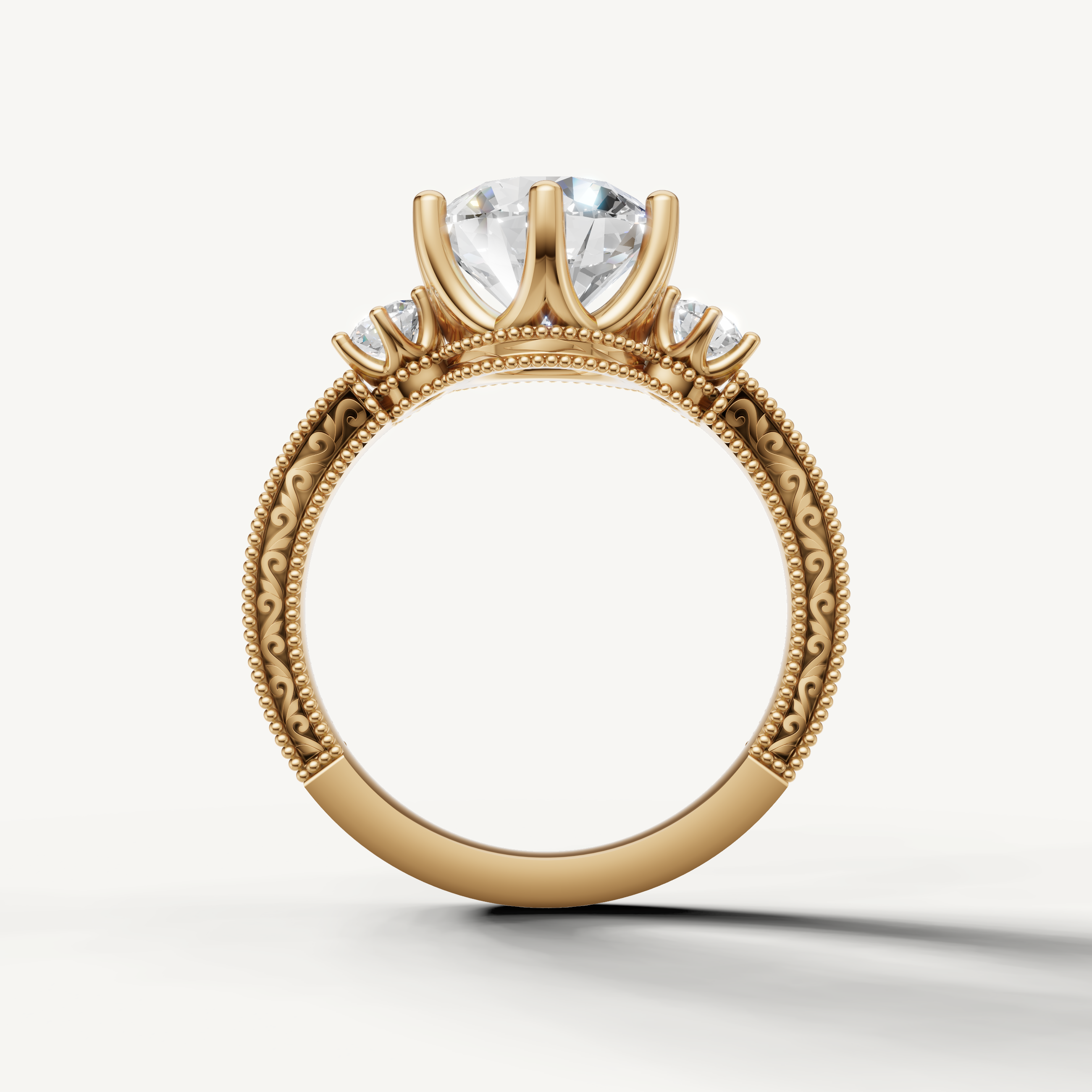 Elegant Round Cut Engagement Ring with Vintage Engraved Detail in Yellow Gold – Raul Diamonds