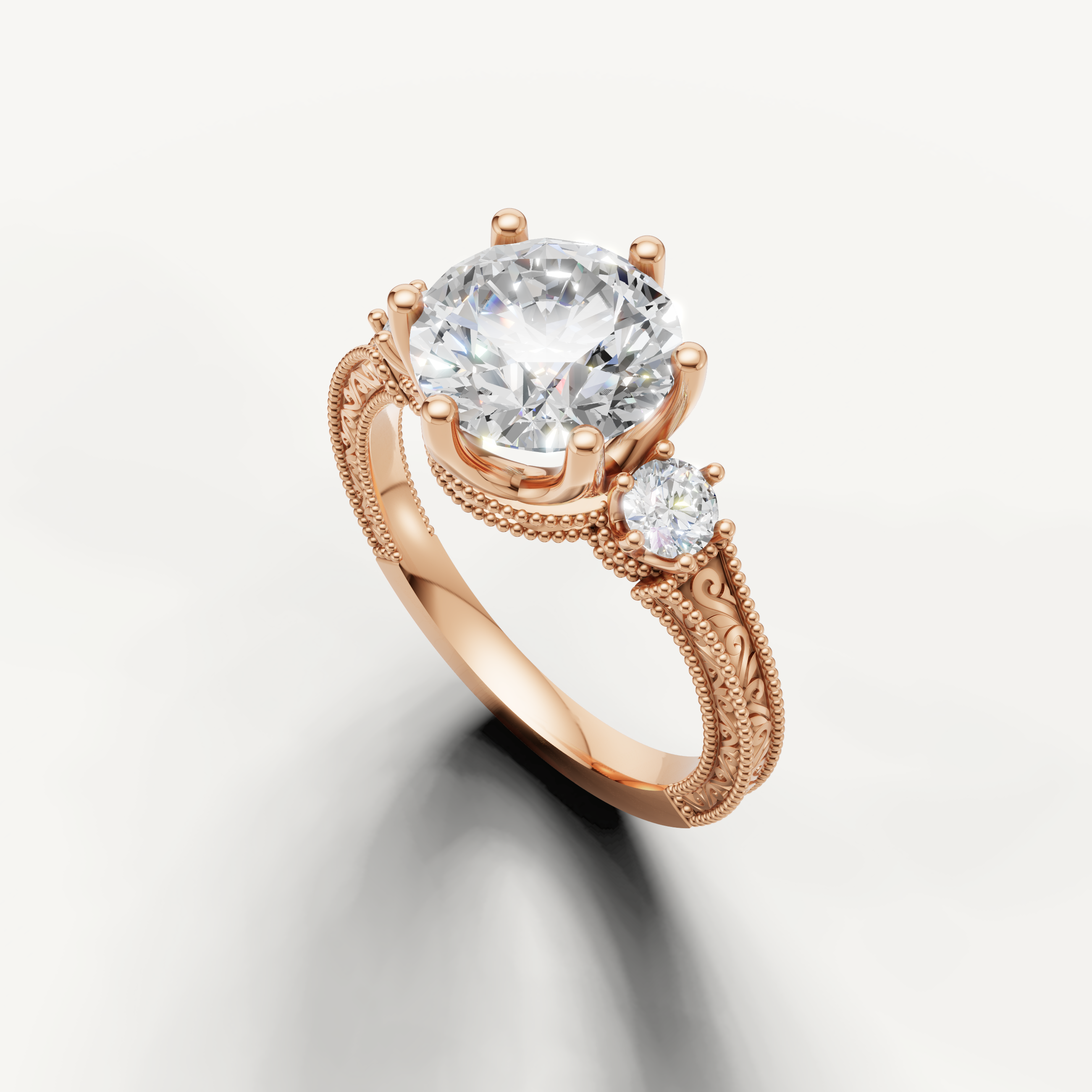 14K Rose Gold Round Lab Diamond Ring with Vintage Side Detail – Raul Diamonds