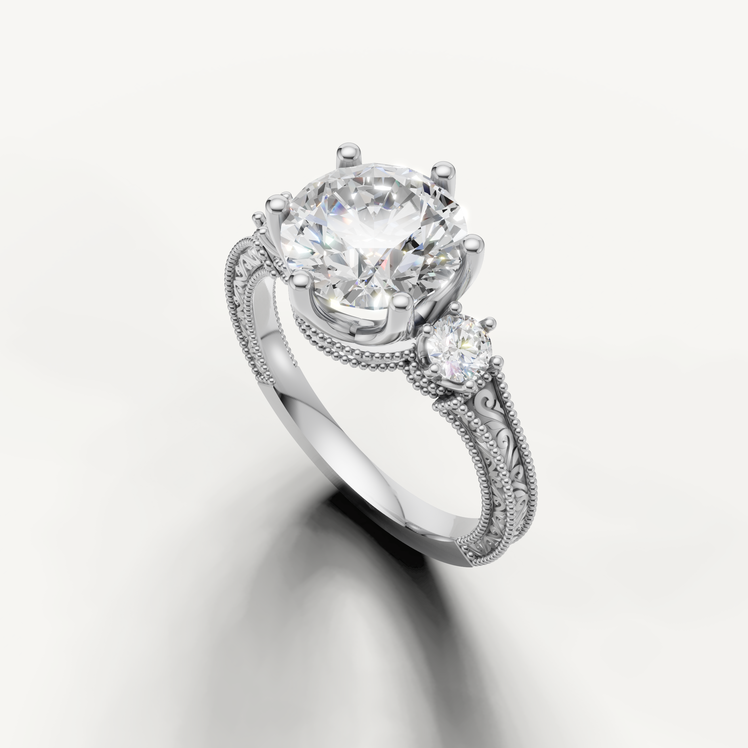 14K White Gold Round Lab Diamond Ring with Elegant Side Stones – Raul Diamonds