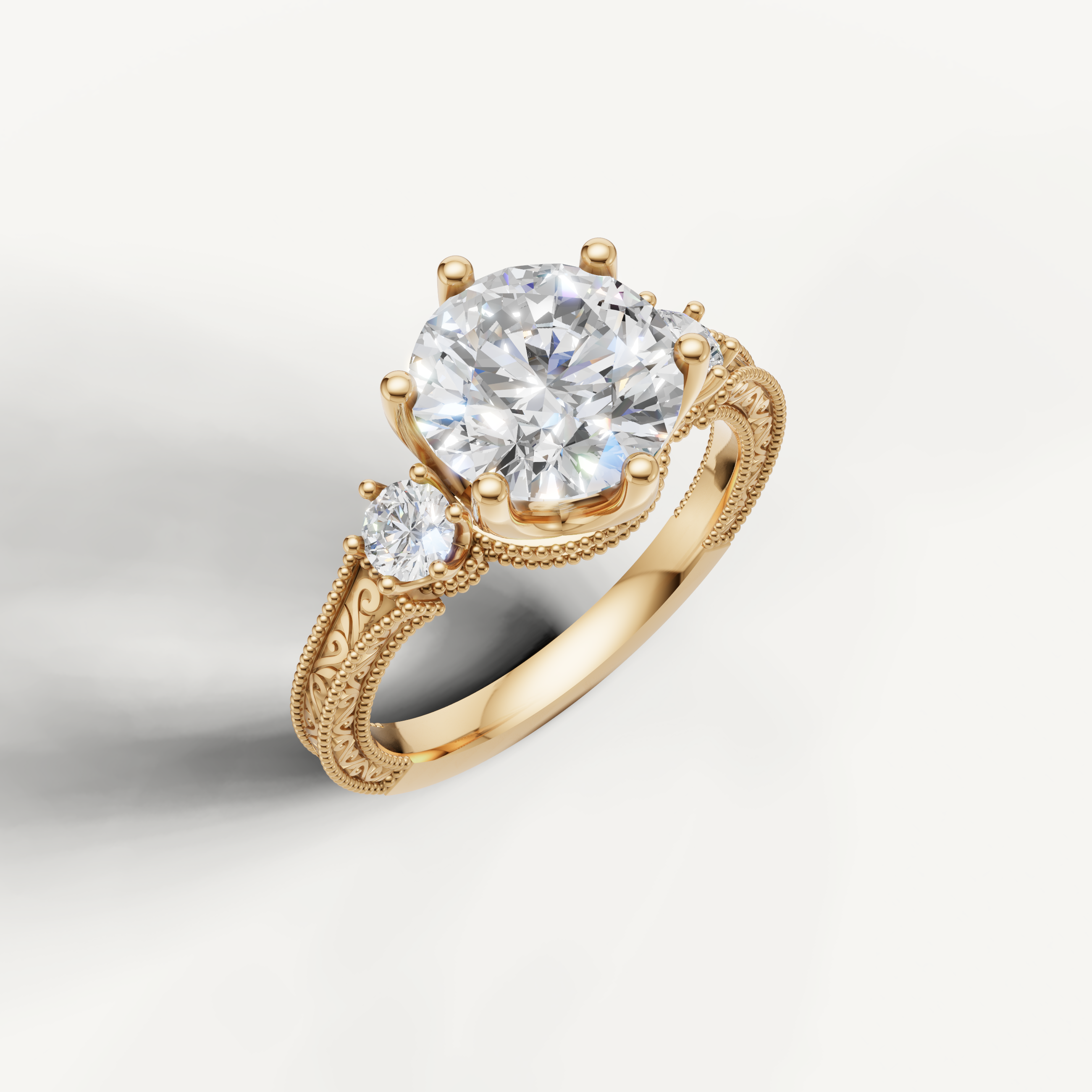 14K Yellow Gold Round Diamond Ring with Milgrain Vintage Band – Raul Diamonds