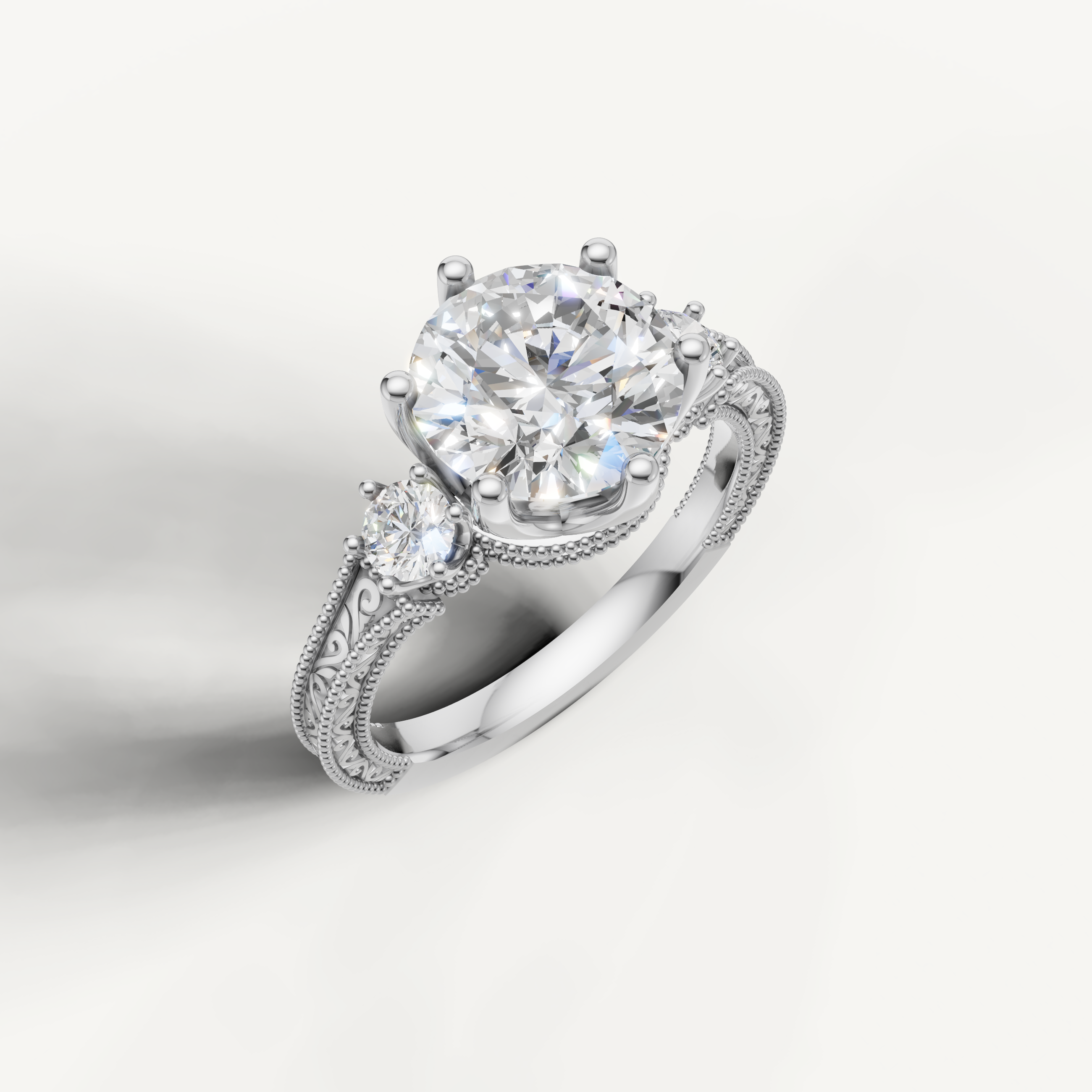 White Gold Round Diamond Engagement Ring with Milgrain Vintage Shank – Raul Diamonds