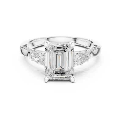 Minimalist three-stone lab diamond engagement ring emerald pear cut