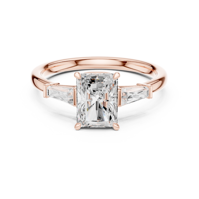 Elegant radiant cut lab diamond three-stone engagement ring