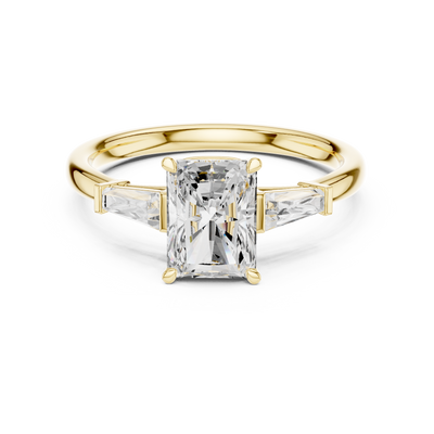 Radiant cut lab grown diamond three-stone engagement ring