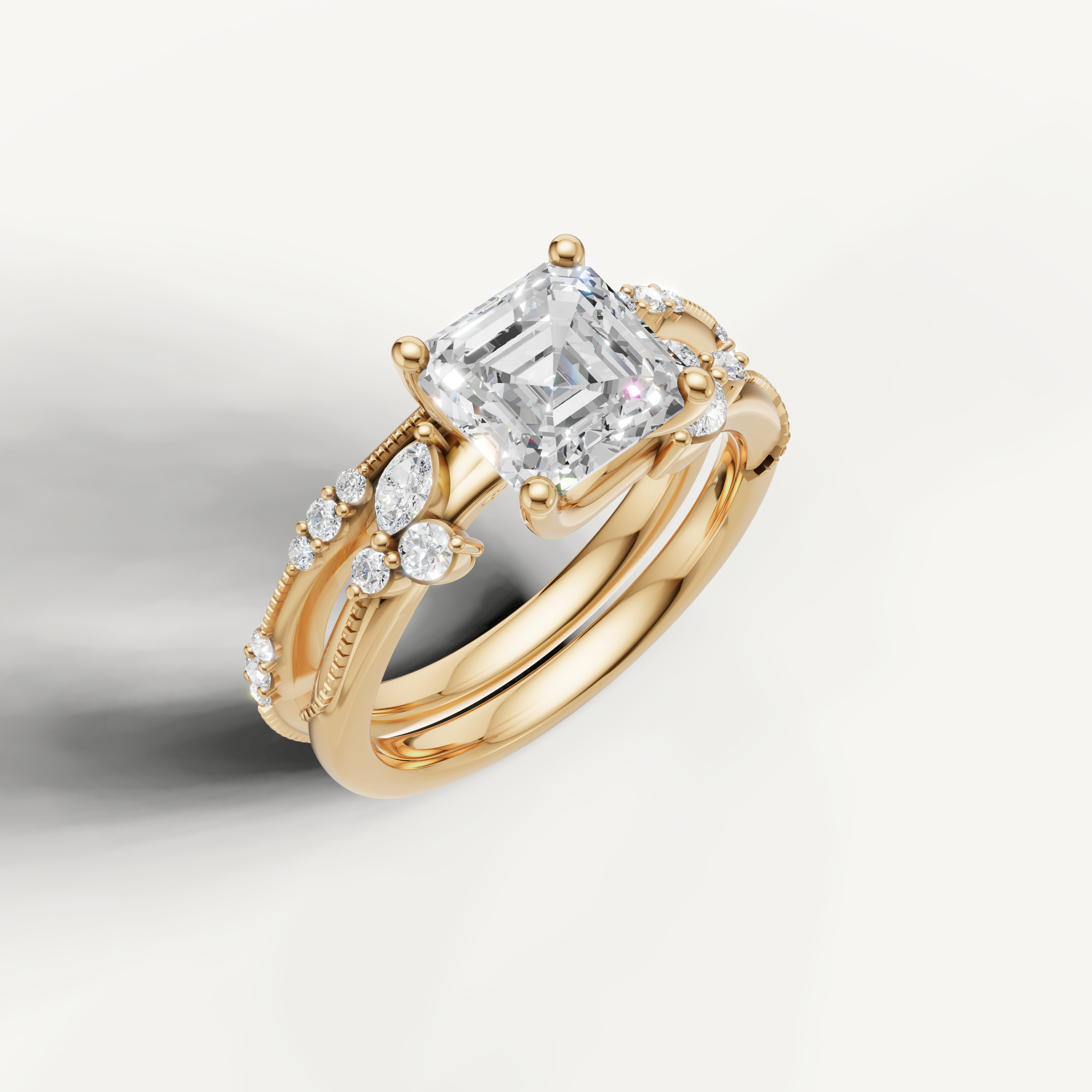 Elegant Asscher Diamond Bridal Ring Set with Pavé Wedding Band in Yellow Gold