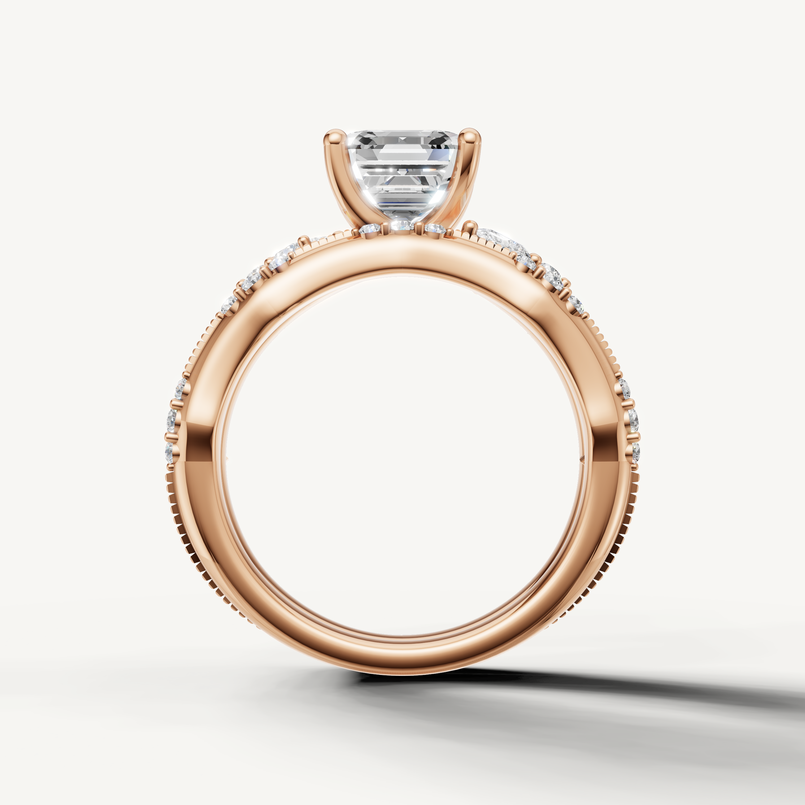 Vintage Style Asscher Cut Bridal Ring Set with Diamond Wedding Band Rose Gold