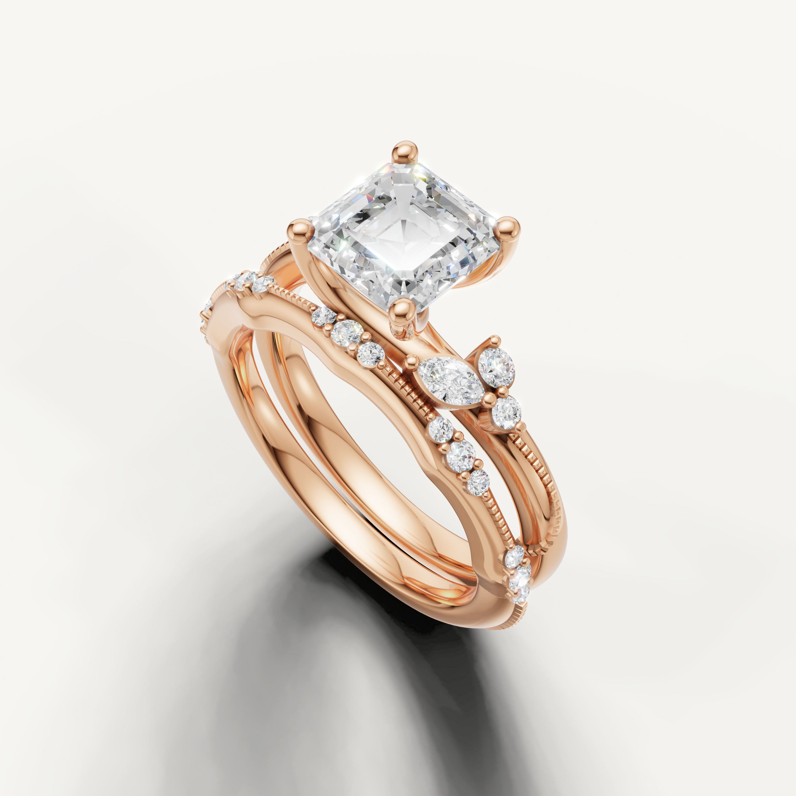 Elegant Asscher Lab Grown Diamond Bridal Set with Curved Band Rose Gold