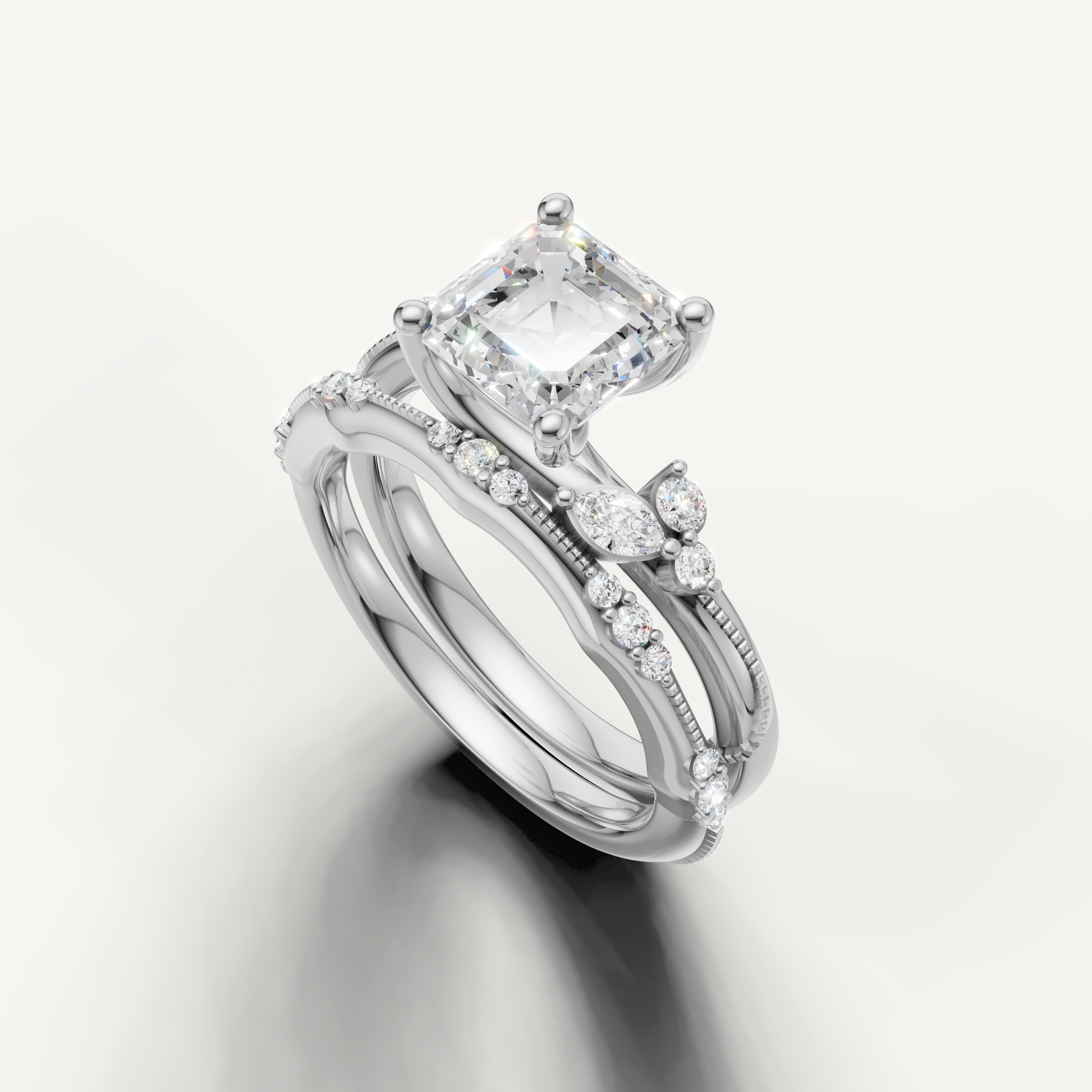 Luxury Asscher Cut Lab Grown Diamond Bridal Set with Diamond Bands White Gold