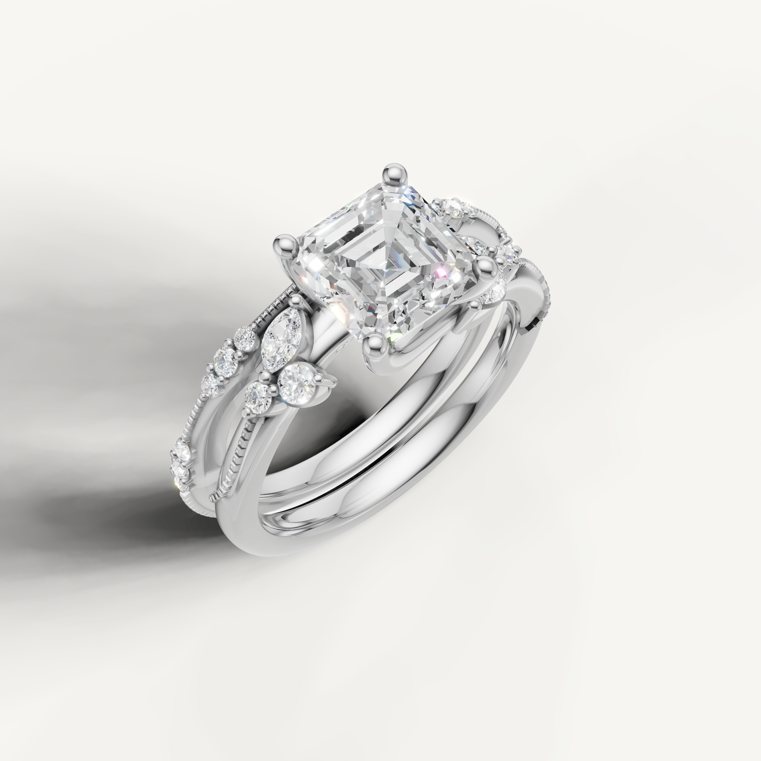 Classic Asscher Diamond Bridal Ring Set with Pavé Wedding Band White Gold