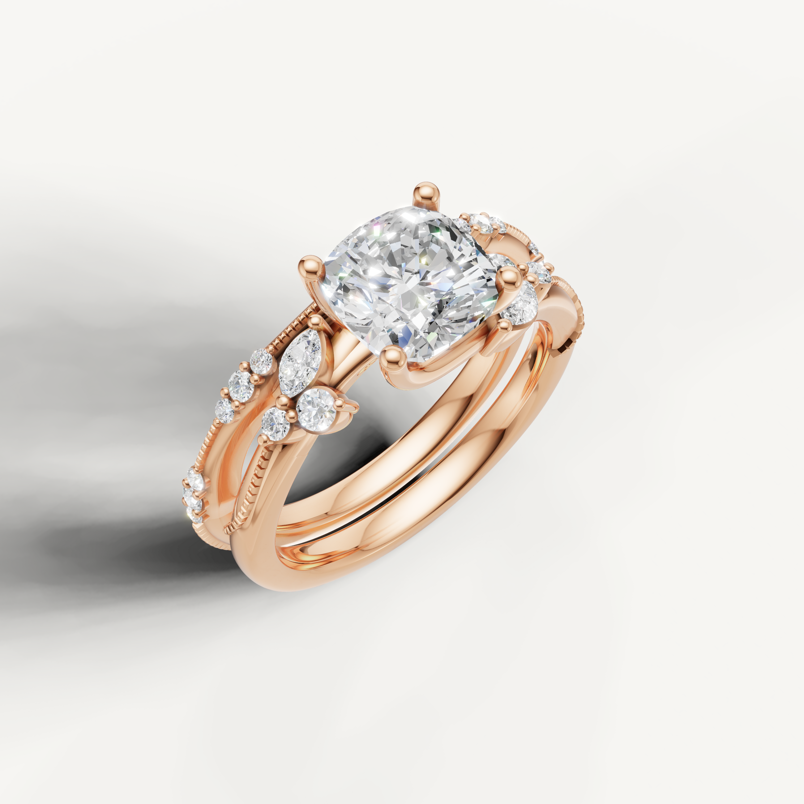 Romantic Cushion Diamond Engagement Bridal Set with Pavé Band Rose Gold