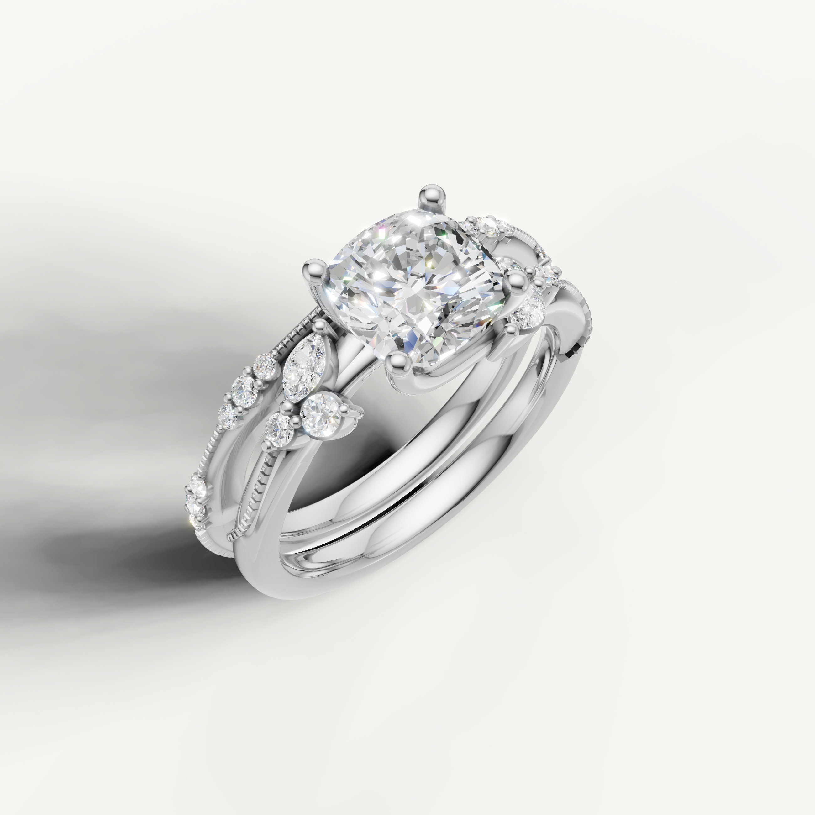 Classic Cushion Diamond Bridal Ring Set with Pavé Wedding Band White Gold