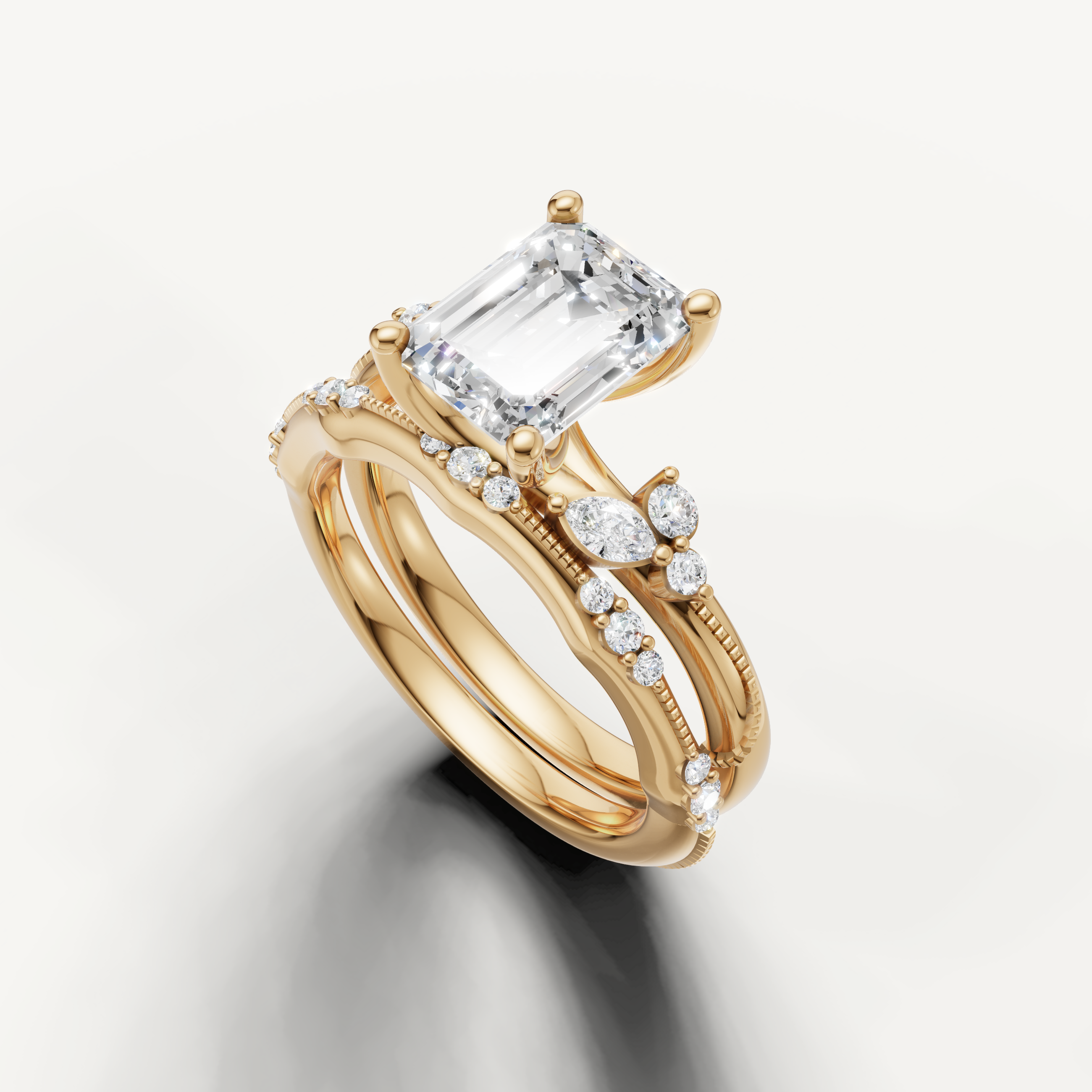 Vintage Inspired Emerald Cut Lab Grown Diamond Bridal Set Yellow Gold