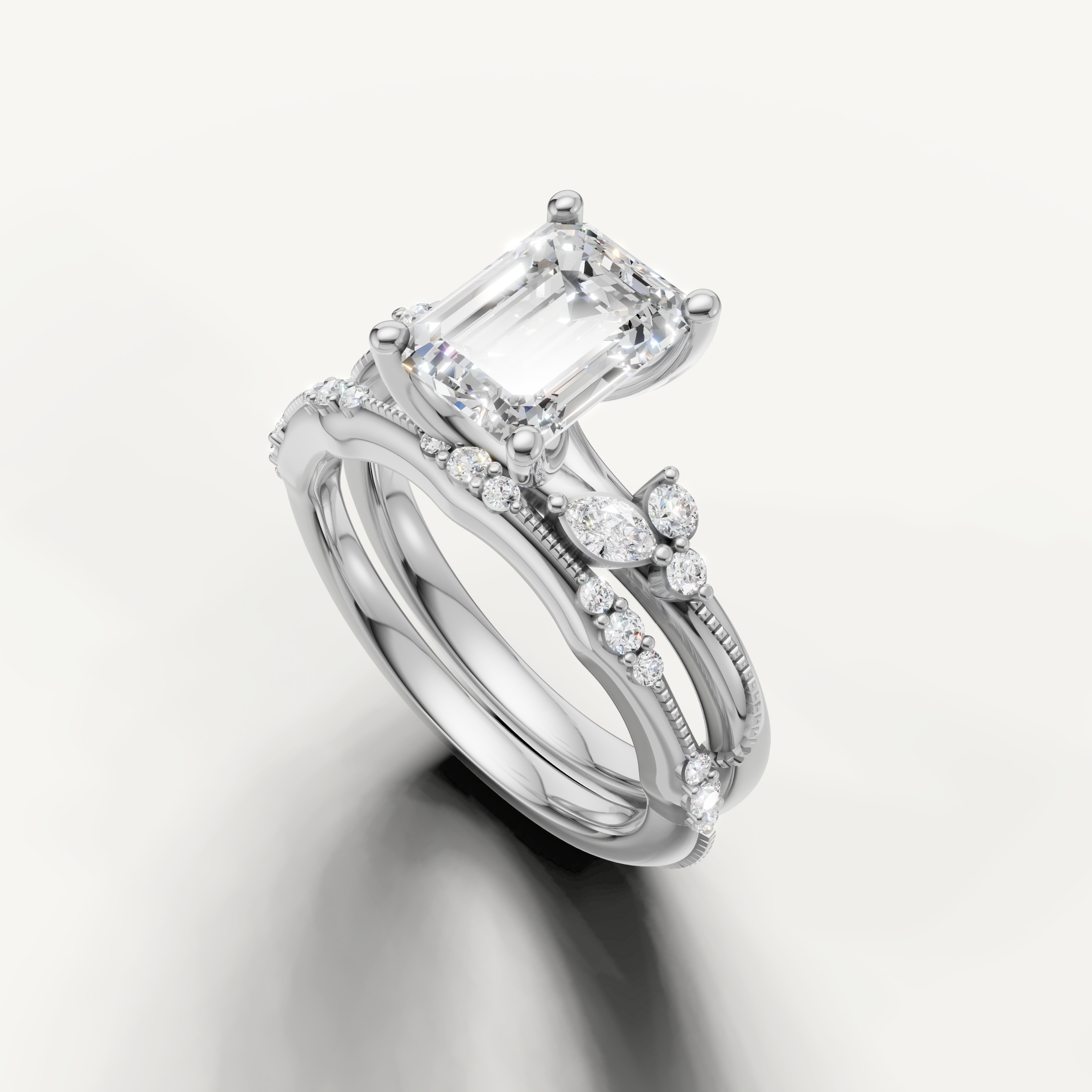 Luxury Emerald Cut Lab Grown Diamond Bridal Set with Diamond Bands White Gold