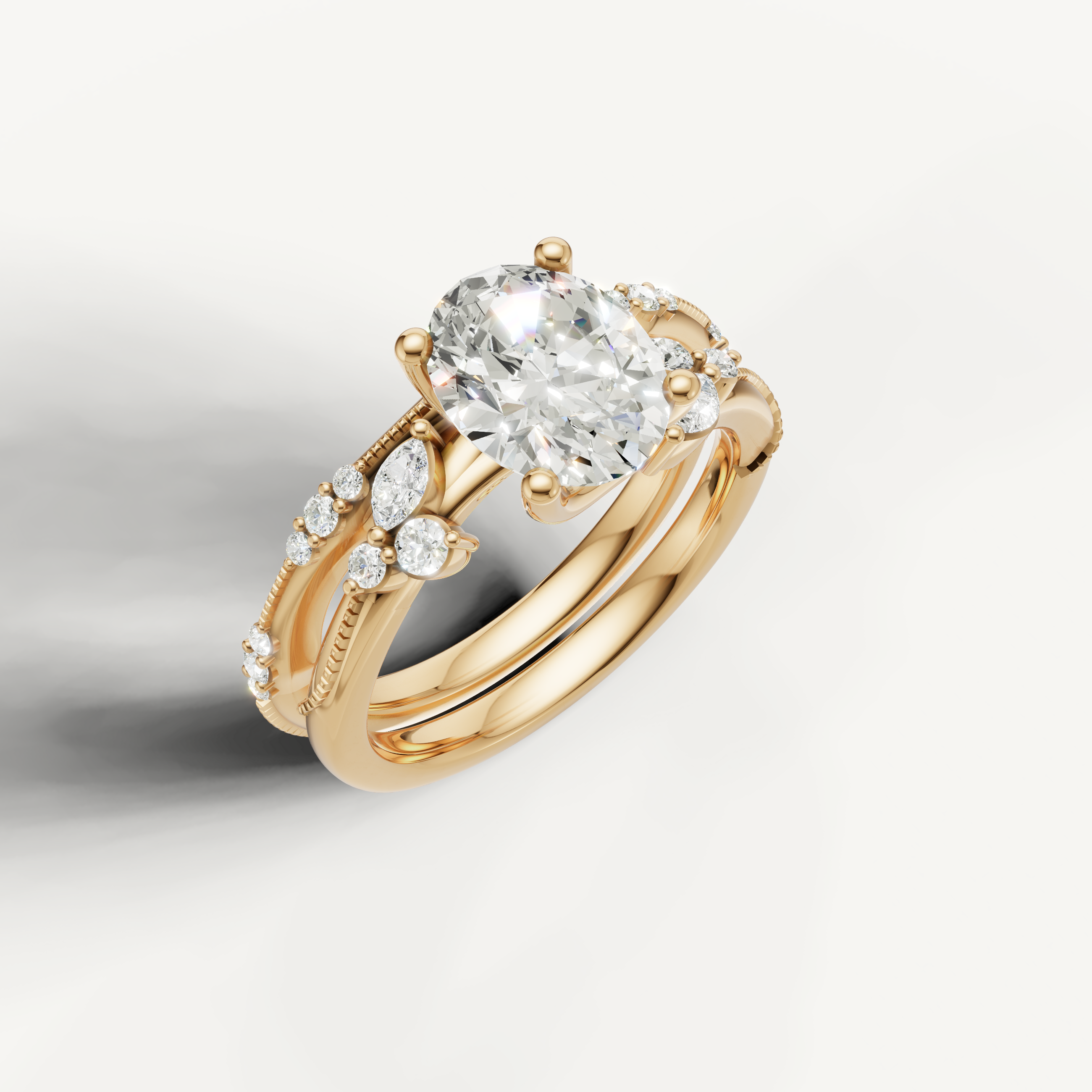 Elegant Oval Diamond Bridal Ring Set with Pavé Wedding Band Yellow Gold