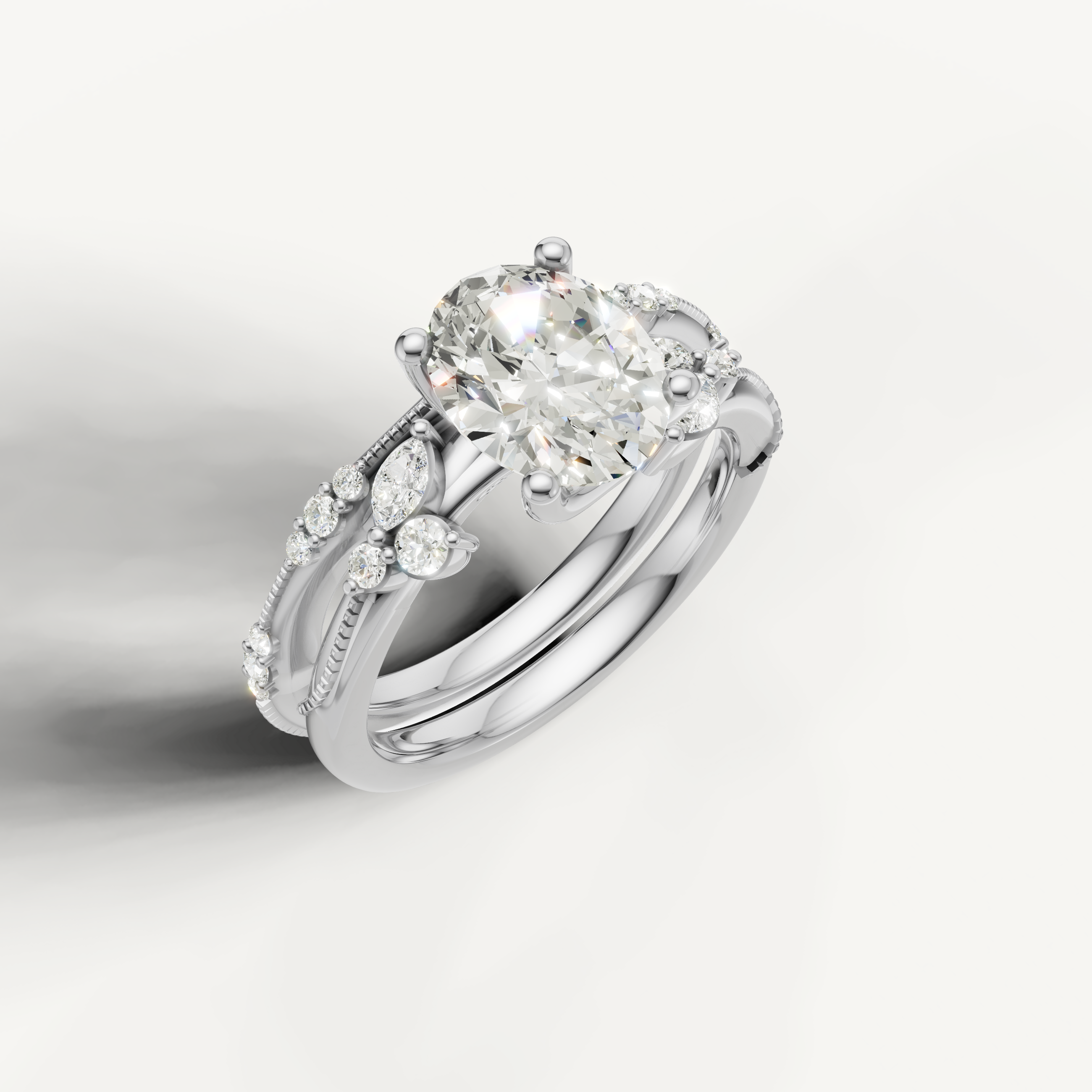 Classic Oval Diamond Bridal Ring Set with Pavé Wedding Band White Gold