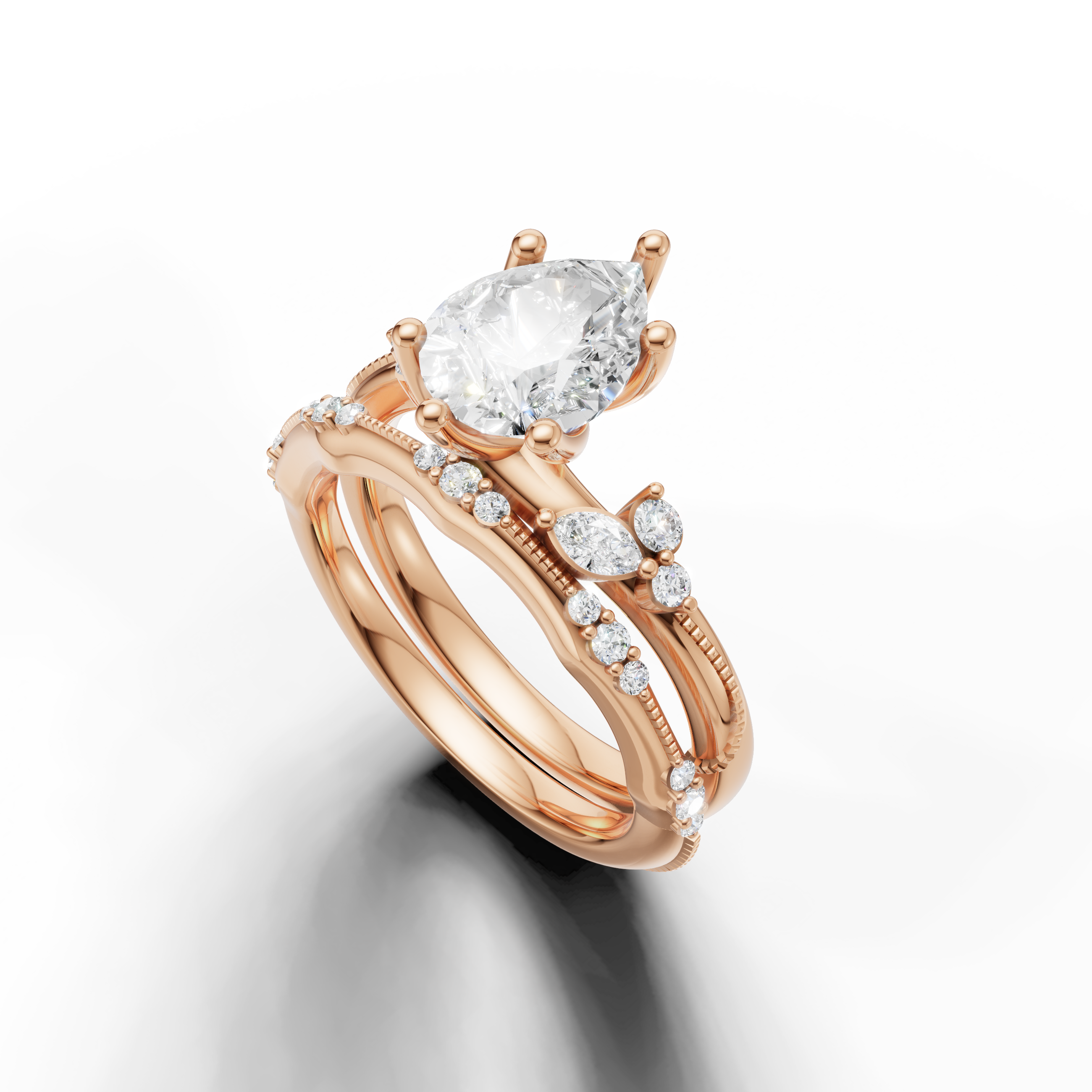 Vintage Style Pear Cut Bridal Ring Set with Diamond Wedding Band Rose Gold