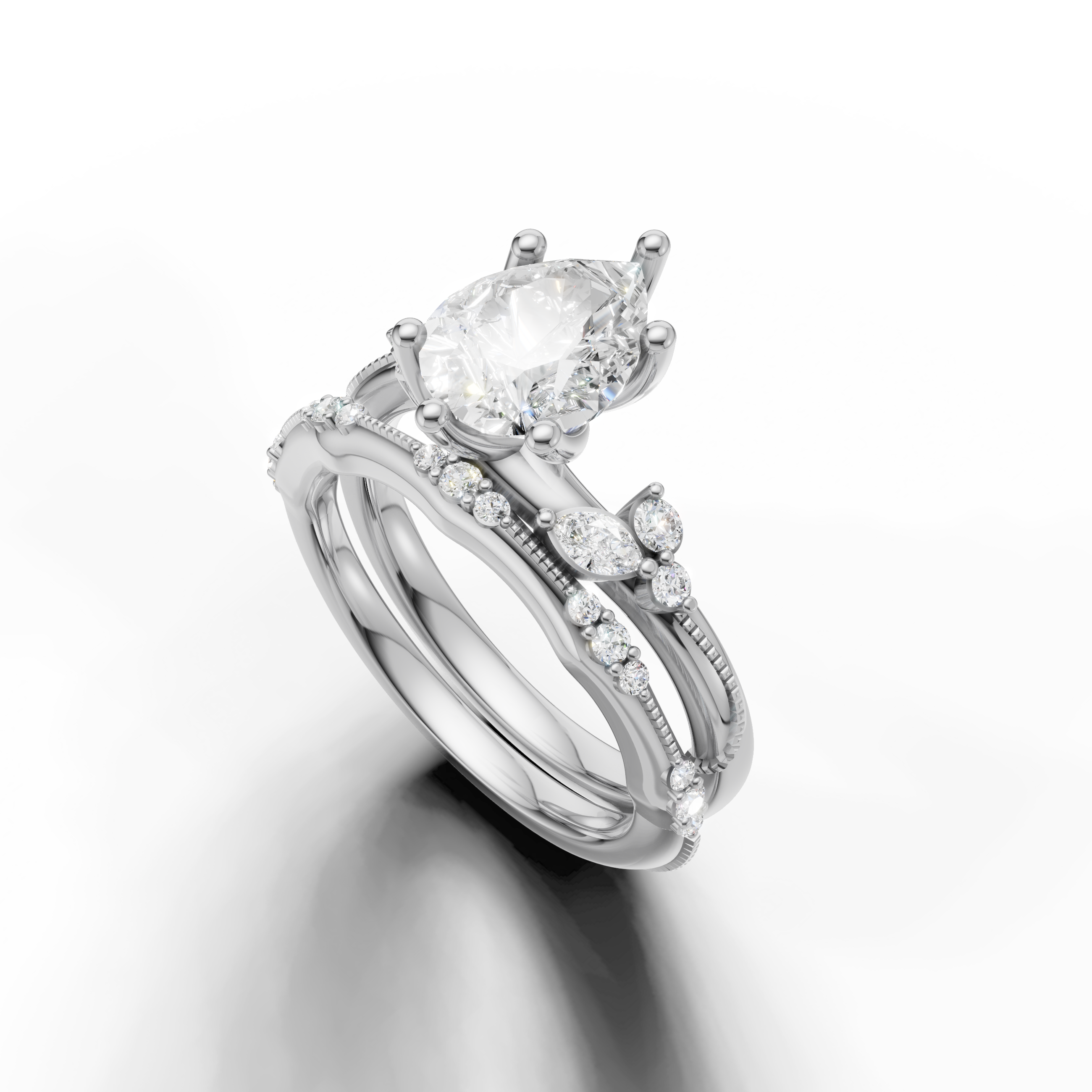 Luxury Pear Cut Lab Grown Diamond Bridal Set with Diamond Bands White Gold