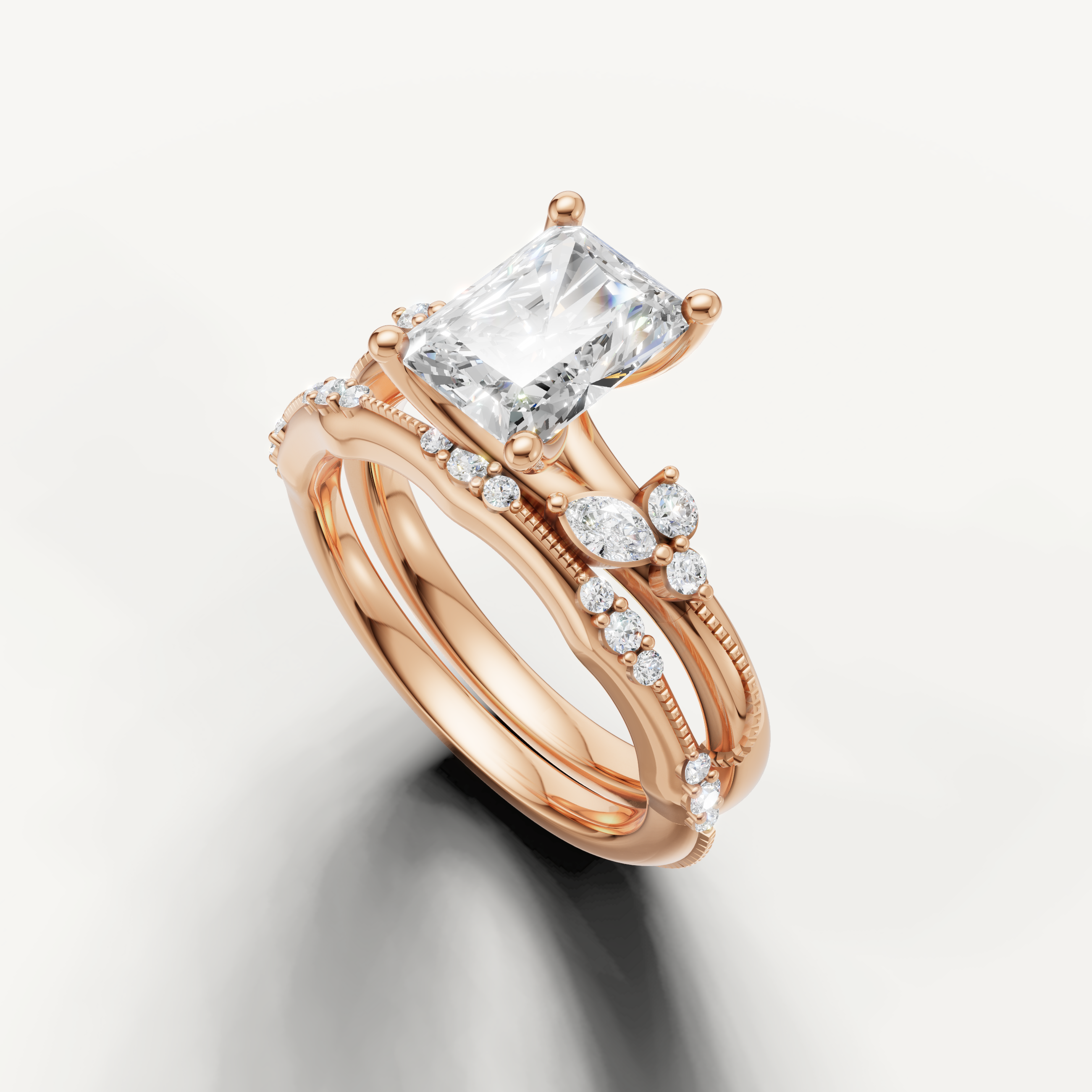 Vintage Style Radiant Cut Bridal Ring Set with Diamond Wedding Band Rose Gold
