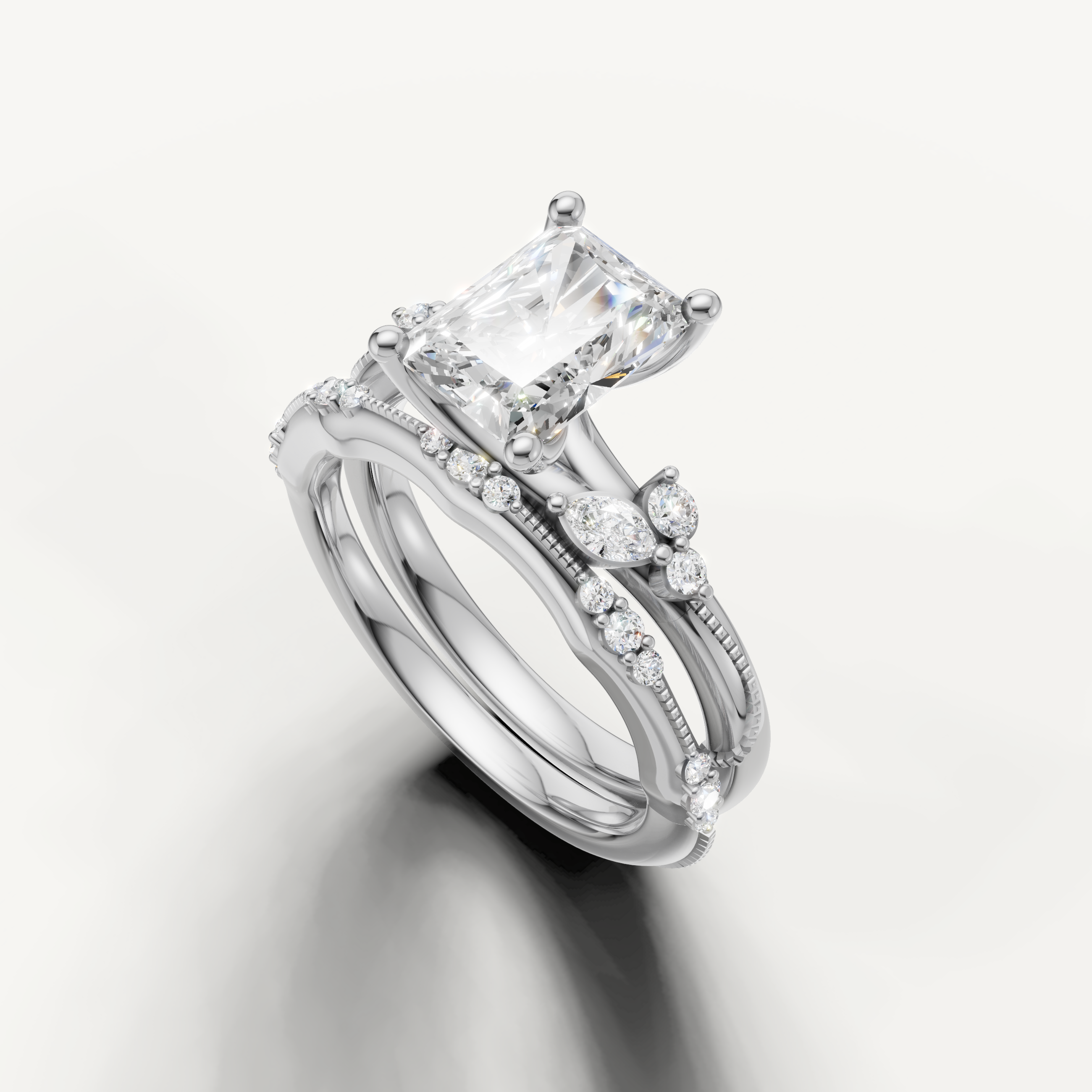 Luxury Radiant Cut Lab Grown Diamond Bridal Set with Diamond Bands White Gold