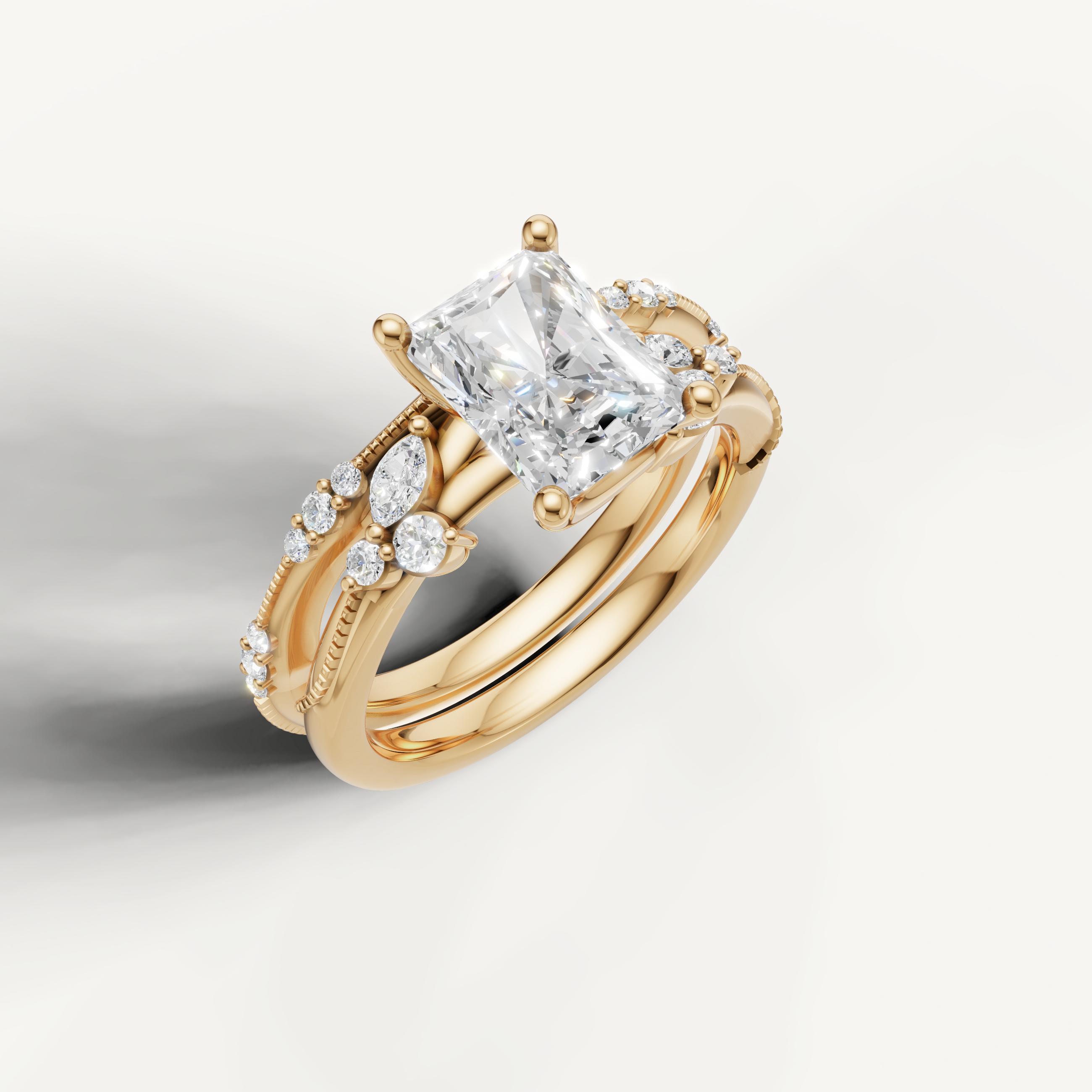 Elegant Radiant Diamond Bridal Ring Set with Pavé Wedding Band Yellow Gold