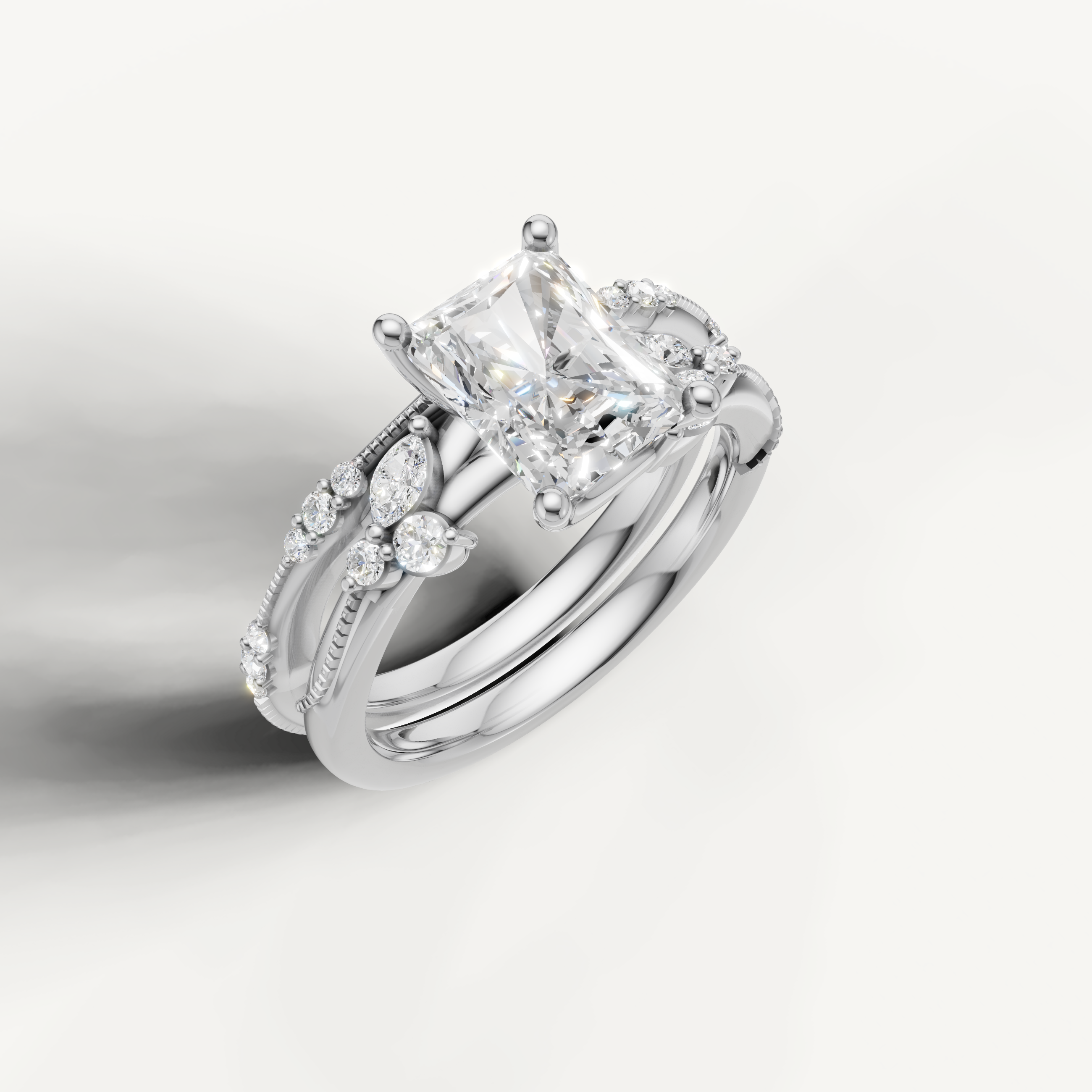 Classic Radiant Diamond Bridal Ring Set with Pavé Wedding Band White Gold
