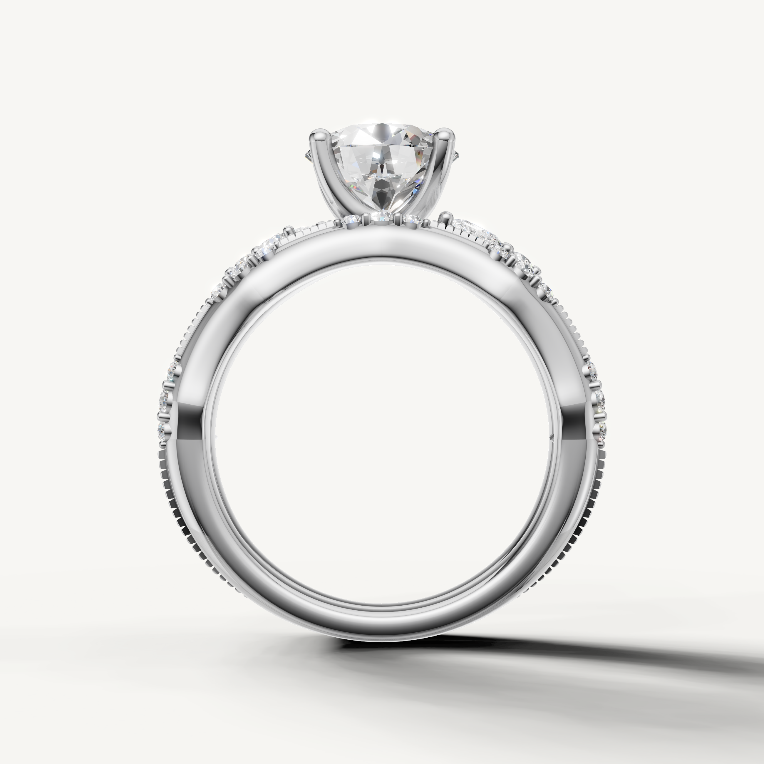 Modern Round Bridal Set Ring with Curved Diamond Wedding Band White Gold