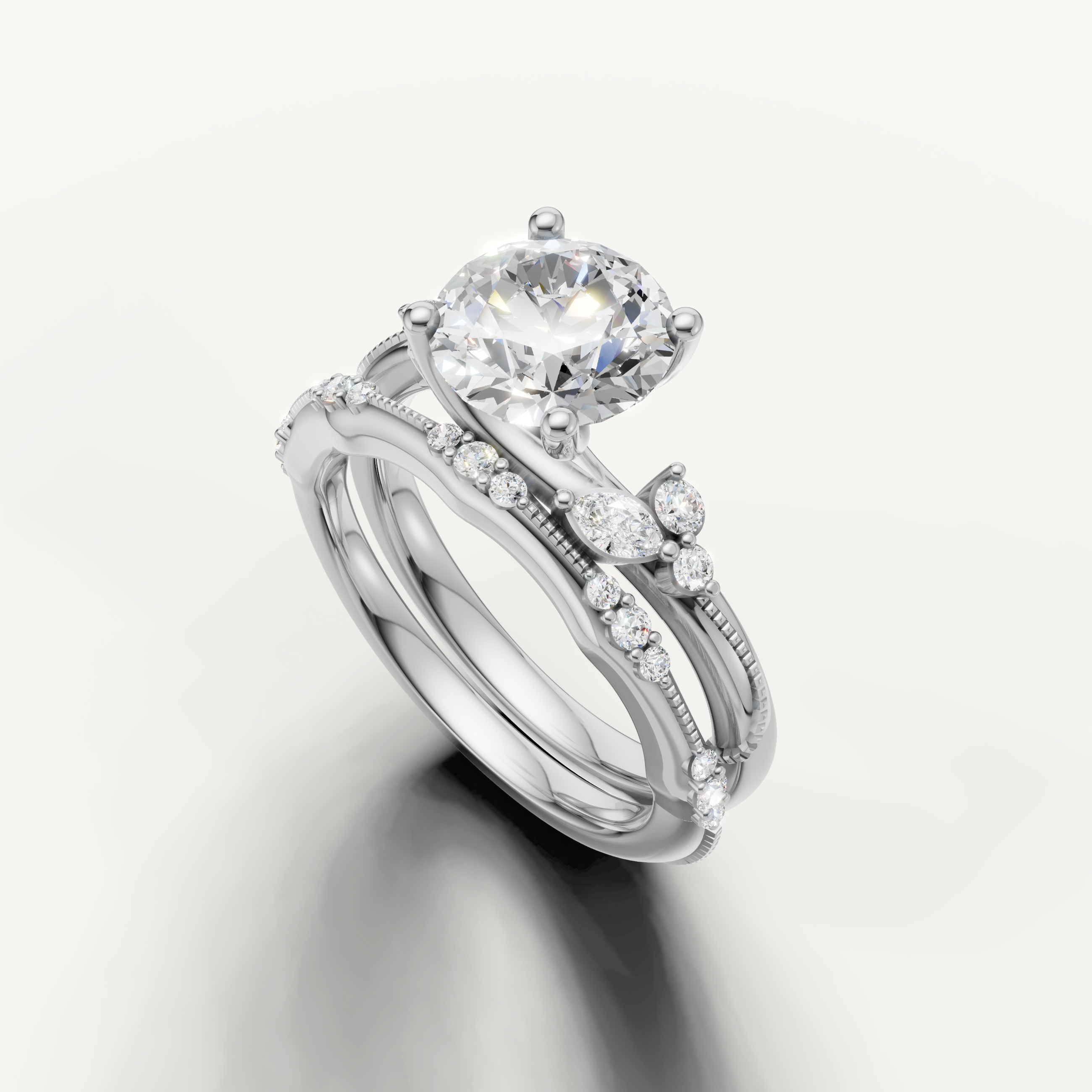Luxury Round Cut Lab Grown Diamond Bridal Set with Diamond Bands White Gold