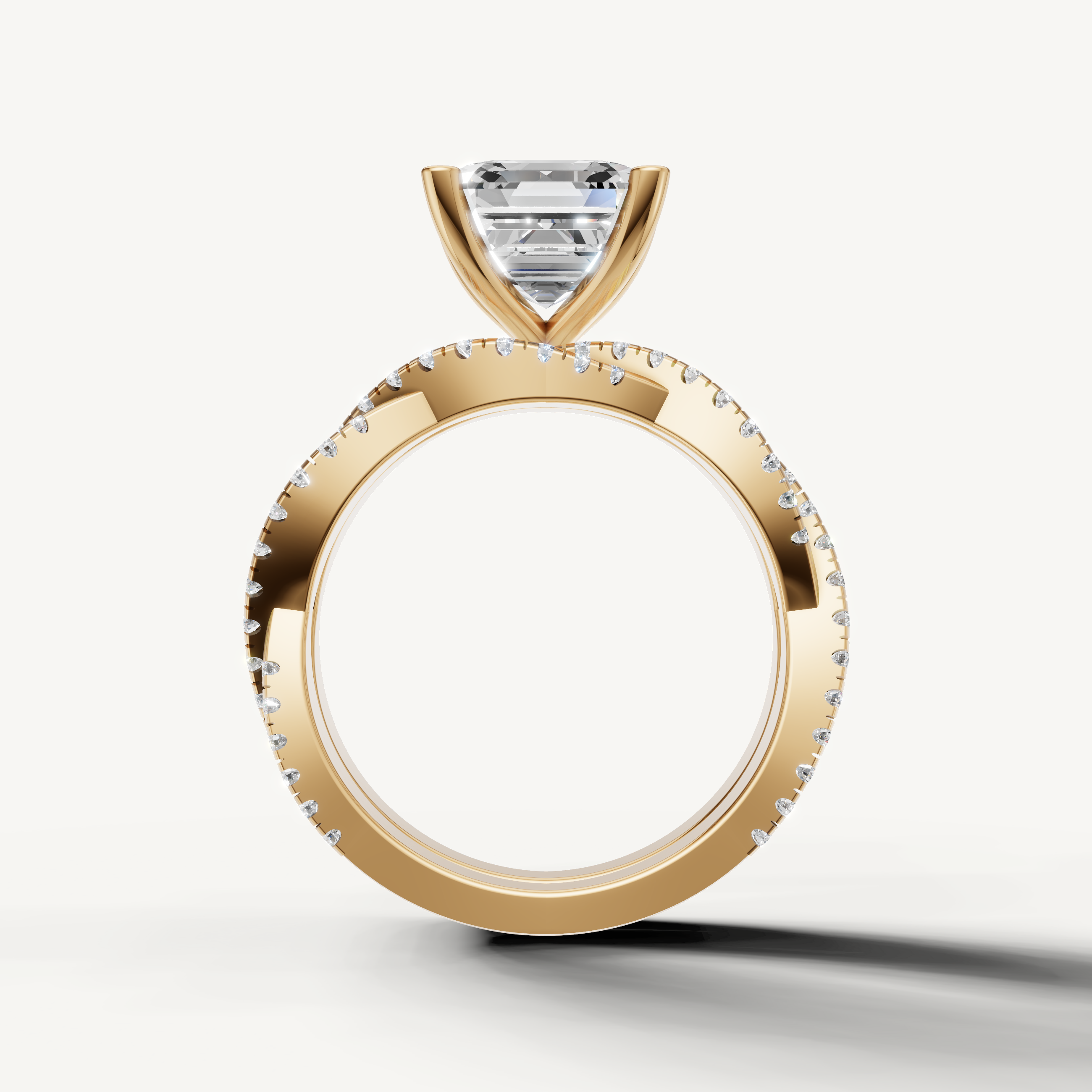 Vintage Inspired Asscher Diamond Bridal Set with Multi Row Pavé Band Yellow Gold