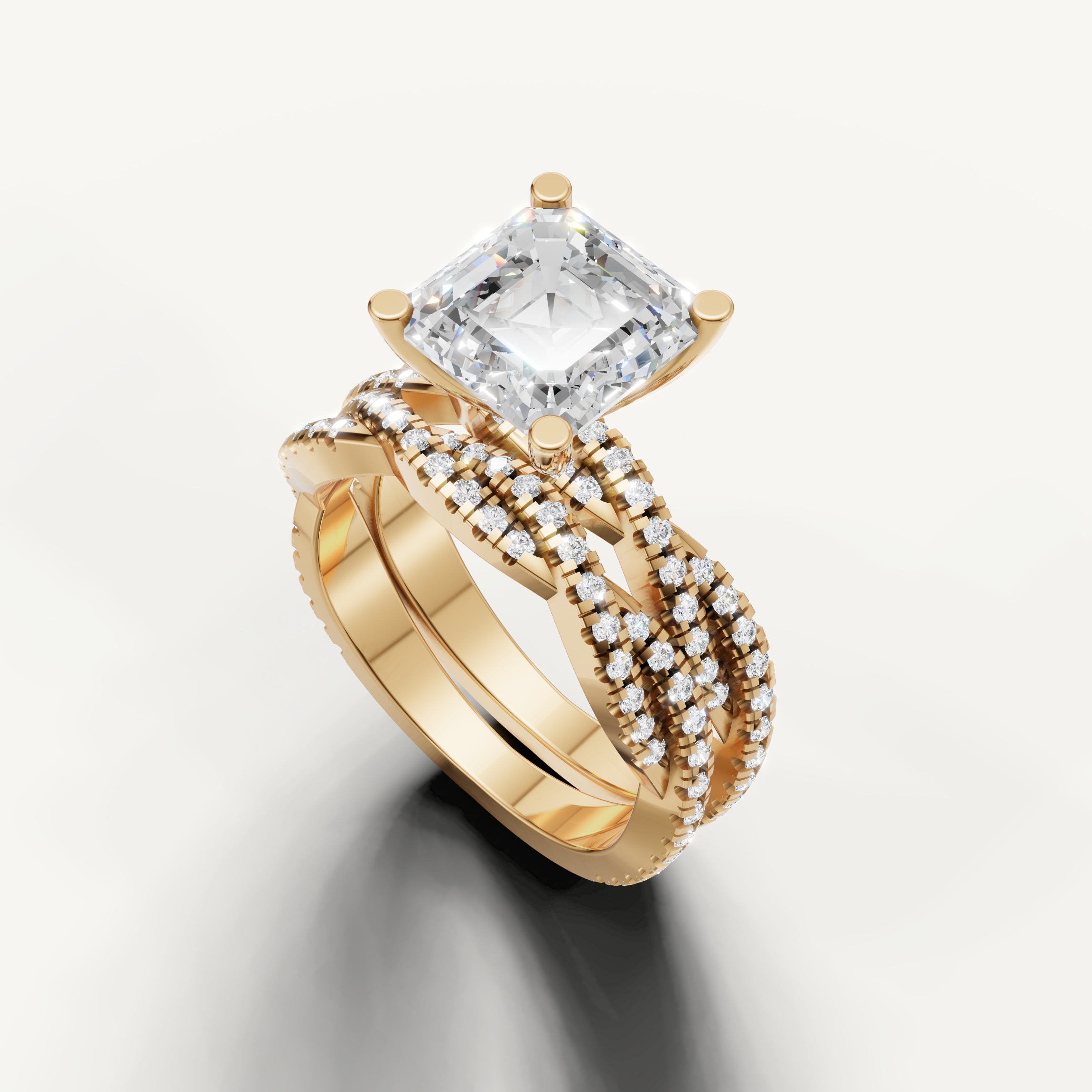 Luxury Asscher Cut Lab Grown Diamond Bridal Set with Split Shank Yellow Gold