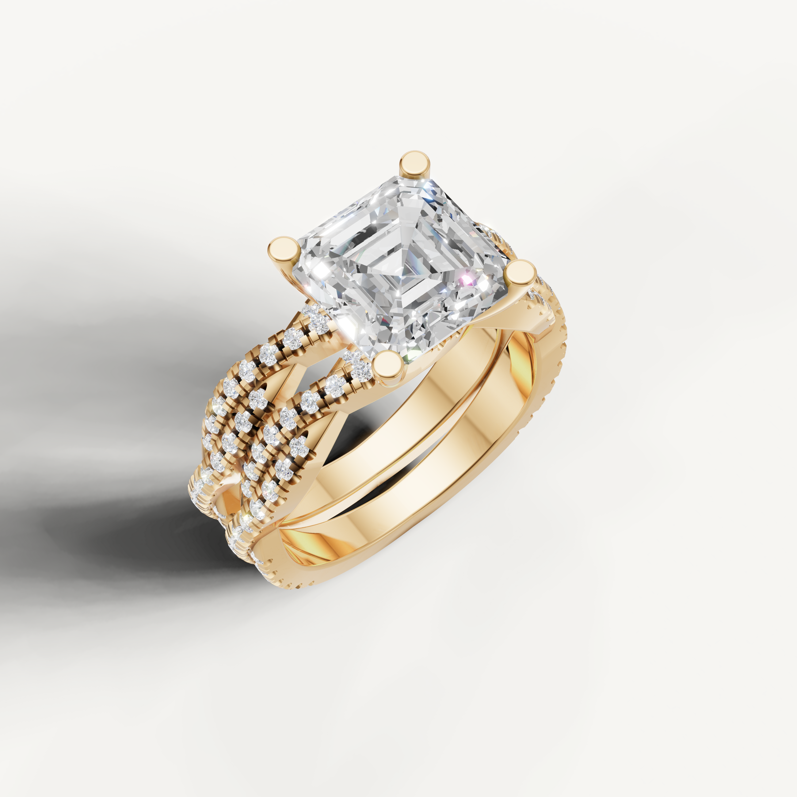 Elegant Asscher Diamond Bridal Ring Set with Triple Pavé Bands Yellow Gold