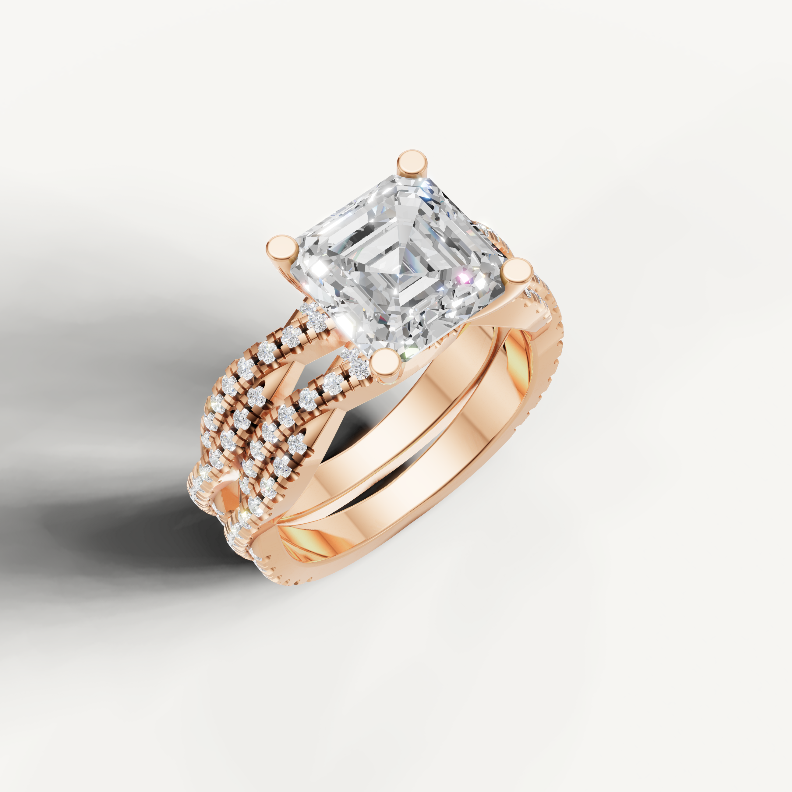 Romantic Asscher Diamond Engagement Bridal Set with Triple Pavé Bands Rose Gold