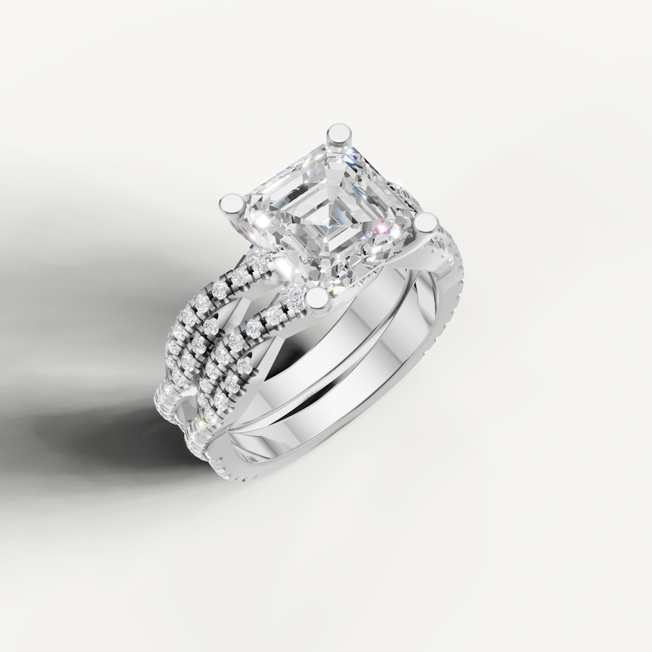 Classic Asscher Diamond Bridal Ring Set with Triple Pavé Bands White Gold