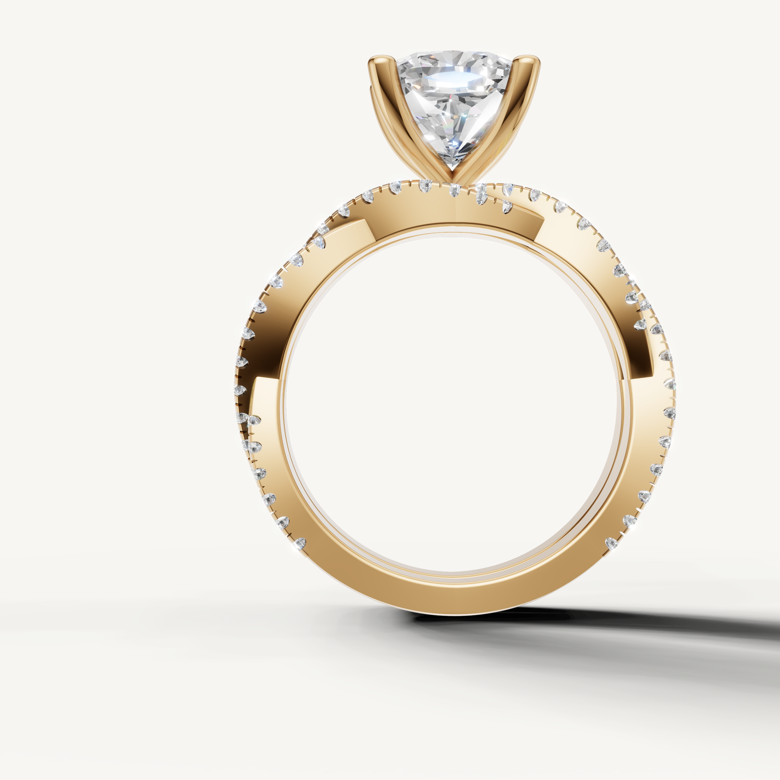 Vintage Inspired Cushion Diamond Bridal Set with Multi Row Pavé Band Yellow Gold