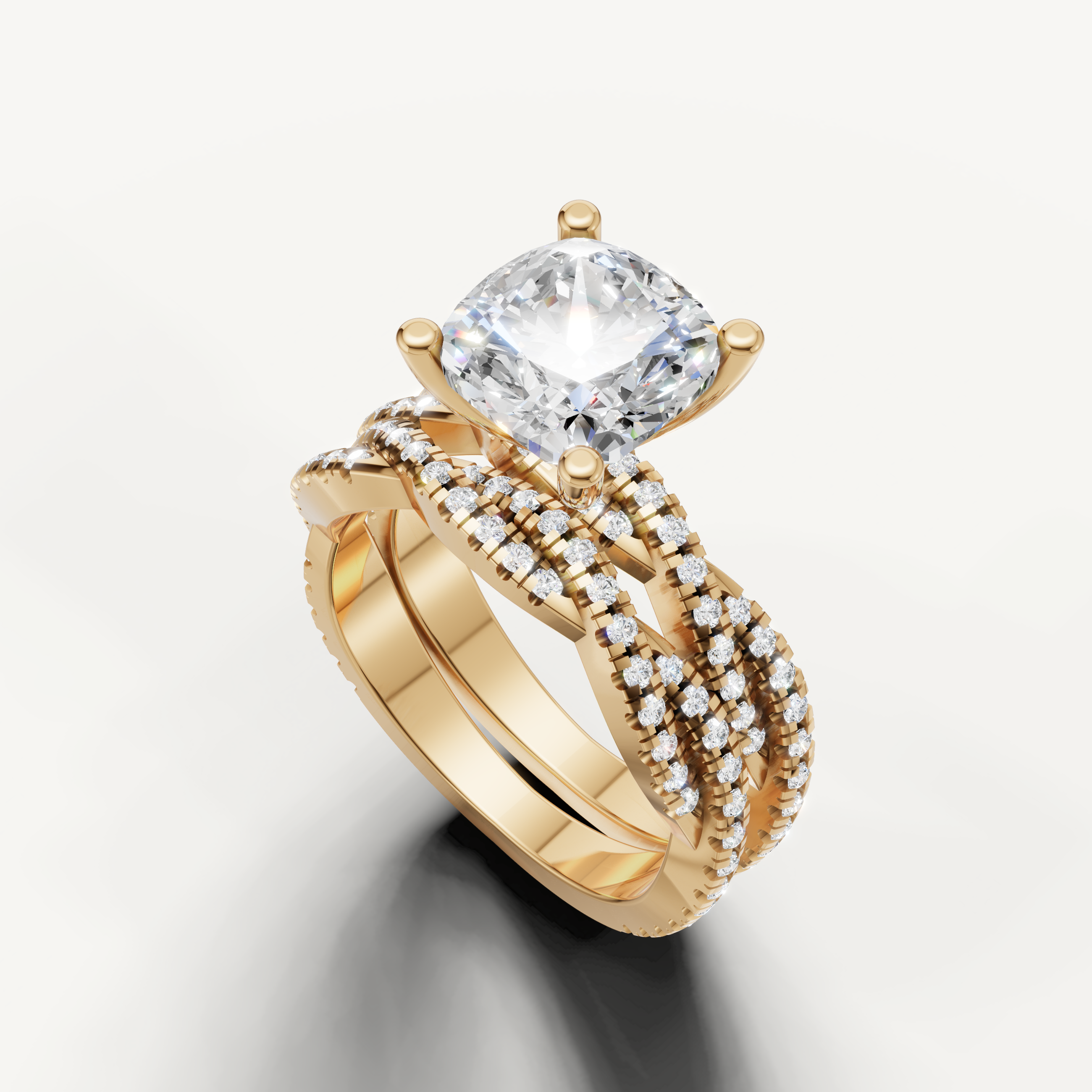 Luxury Cushion Cut Lab Grown Diamond Bridal Set with Split Shank Yellow Gold