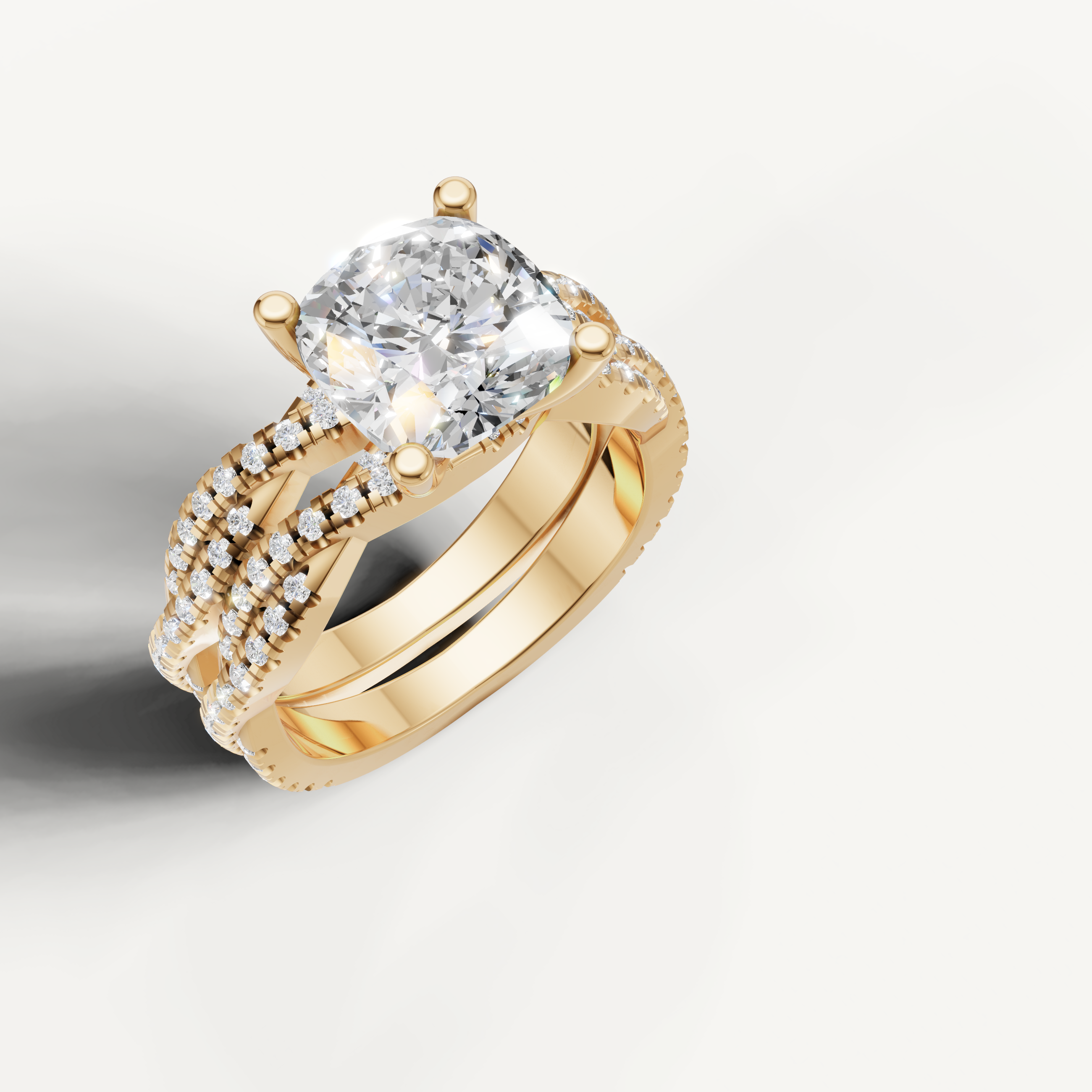 Elegant Cushion Diamond Bridal Ring Set with Triple Pavé Bands Yellow Gold