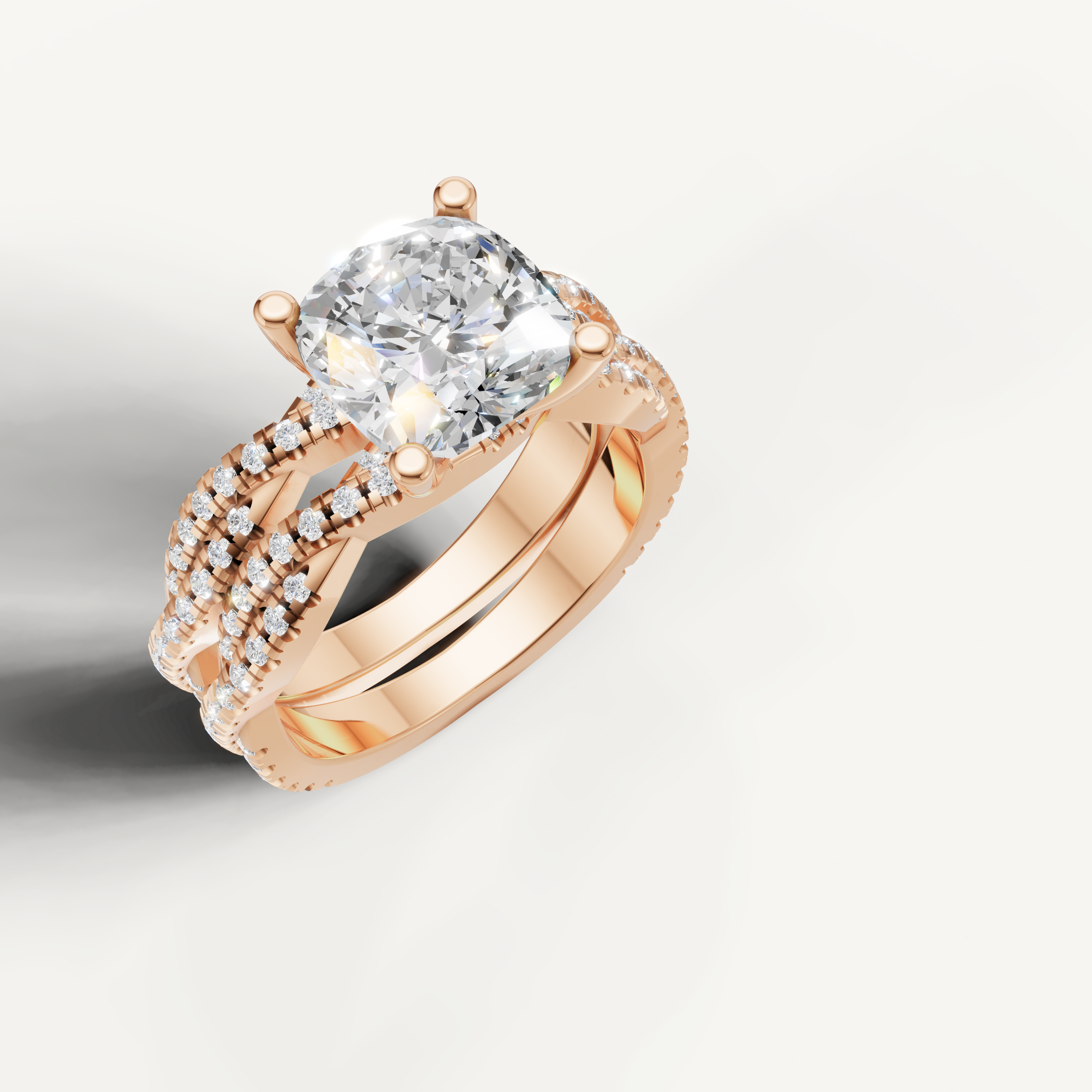 Romantic Cushion Diamond Engagement Bridal Set with Triple Pavé Bands Rose Gold