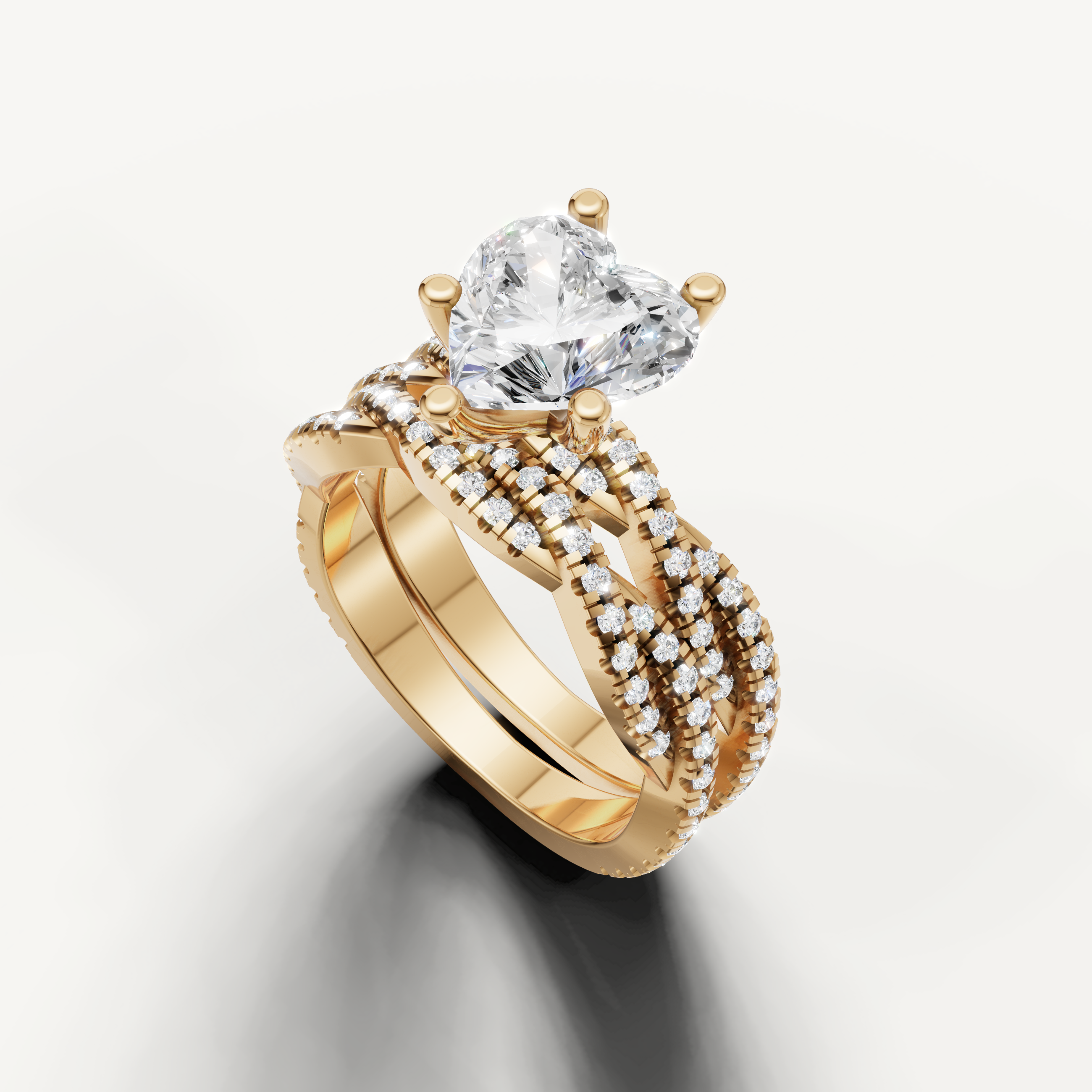Luxury Heart Cut Lab Grown Diamond Bridal Set with Split Shank Yellow Gold